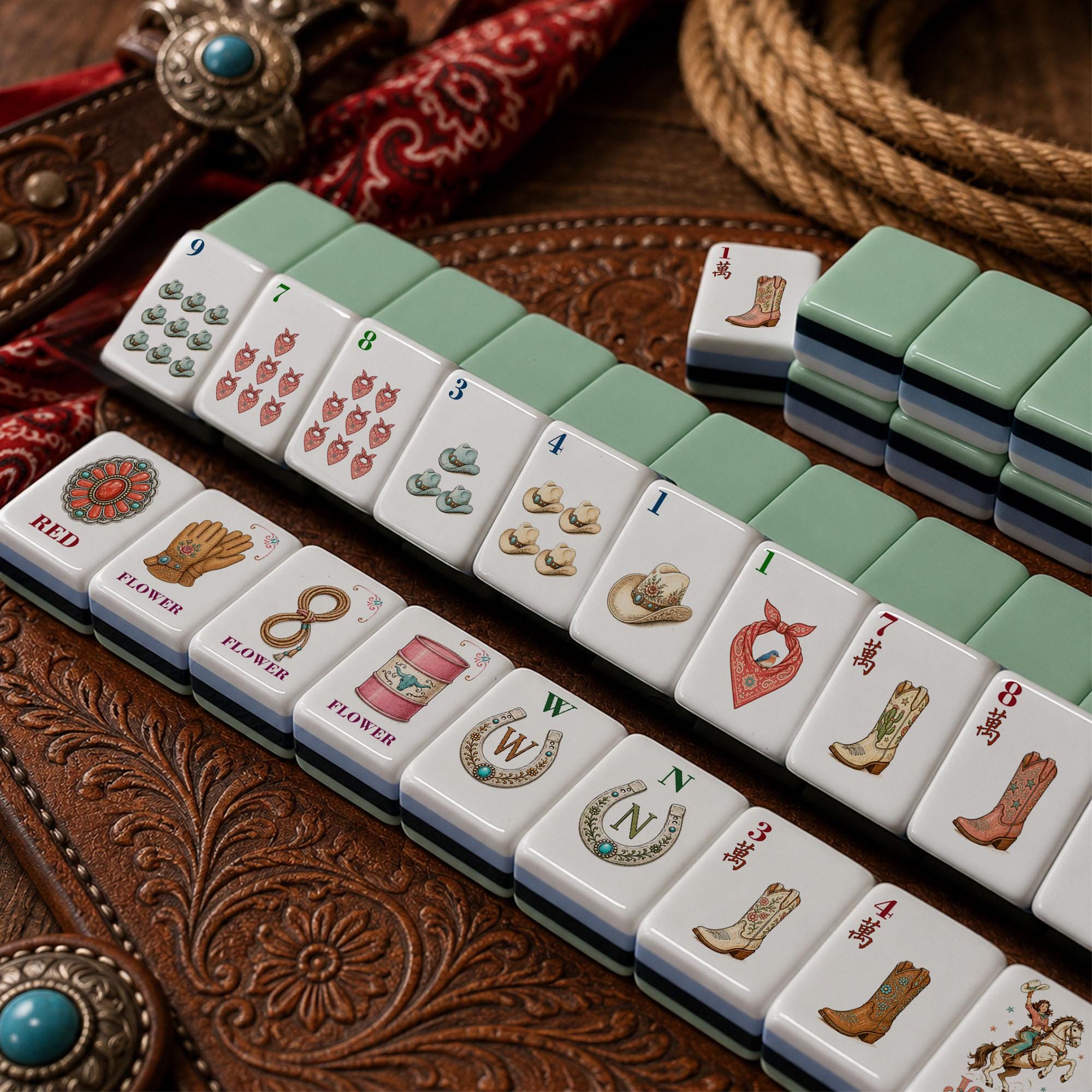 Sage Cowgirl Western American Mahjong Tiles with cowgirl boots hats horseshoe and sage backs