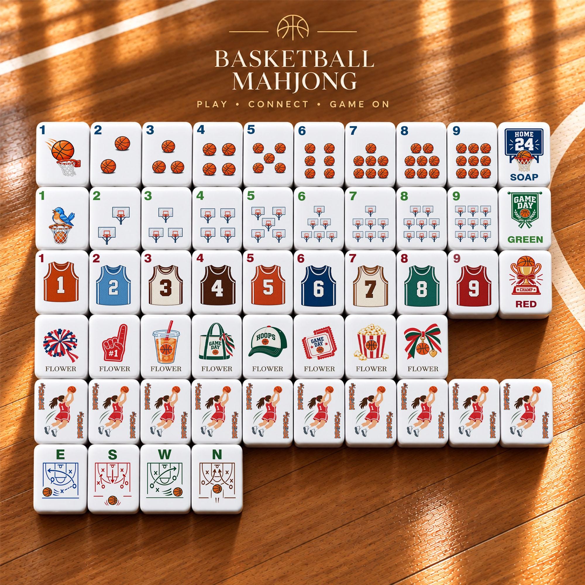 Varsity Basketball American Mahjong Tiles with basketballs hoops numbered jerseys and player Jokers
