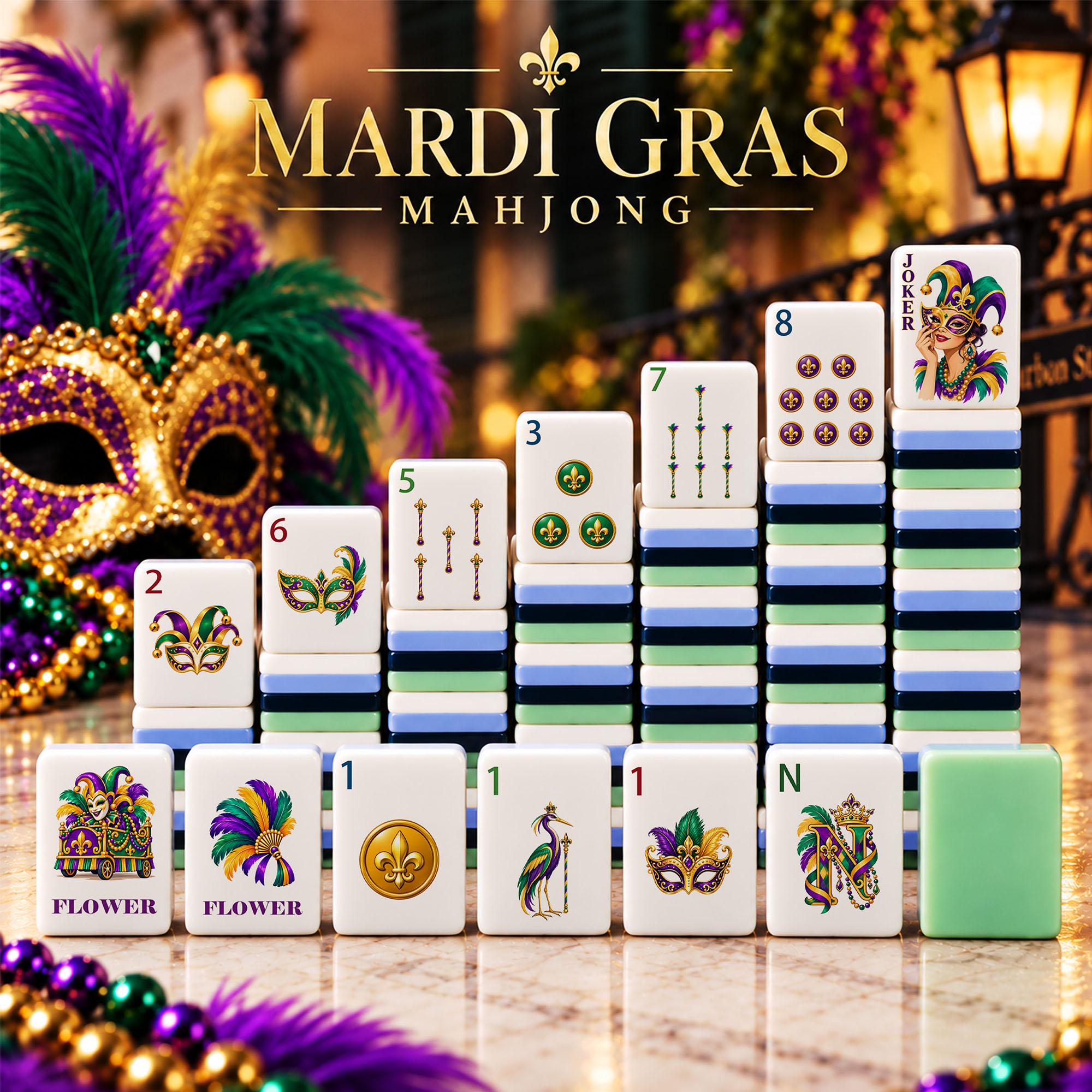 Mardi Gras Jester American Mahjong Tiles with mask fleur de lis jester Joker and striped layers
