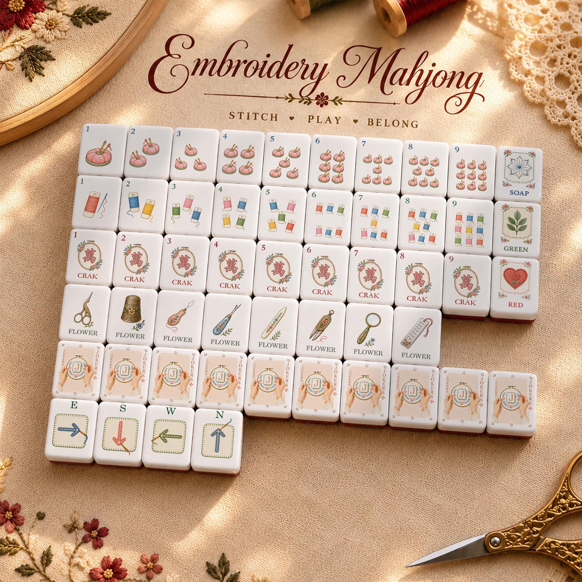 Embroidery Needlepoint American Mahjong Tiles with pincushion thread spools scissors and floral stitching