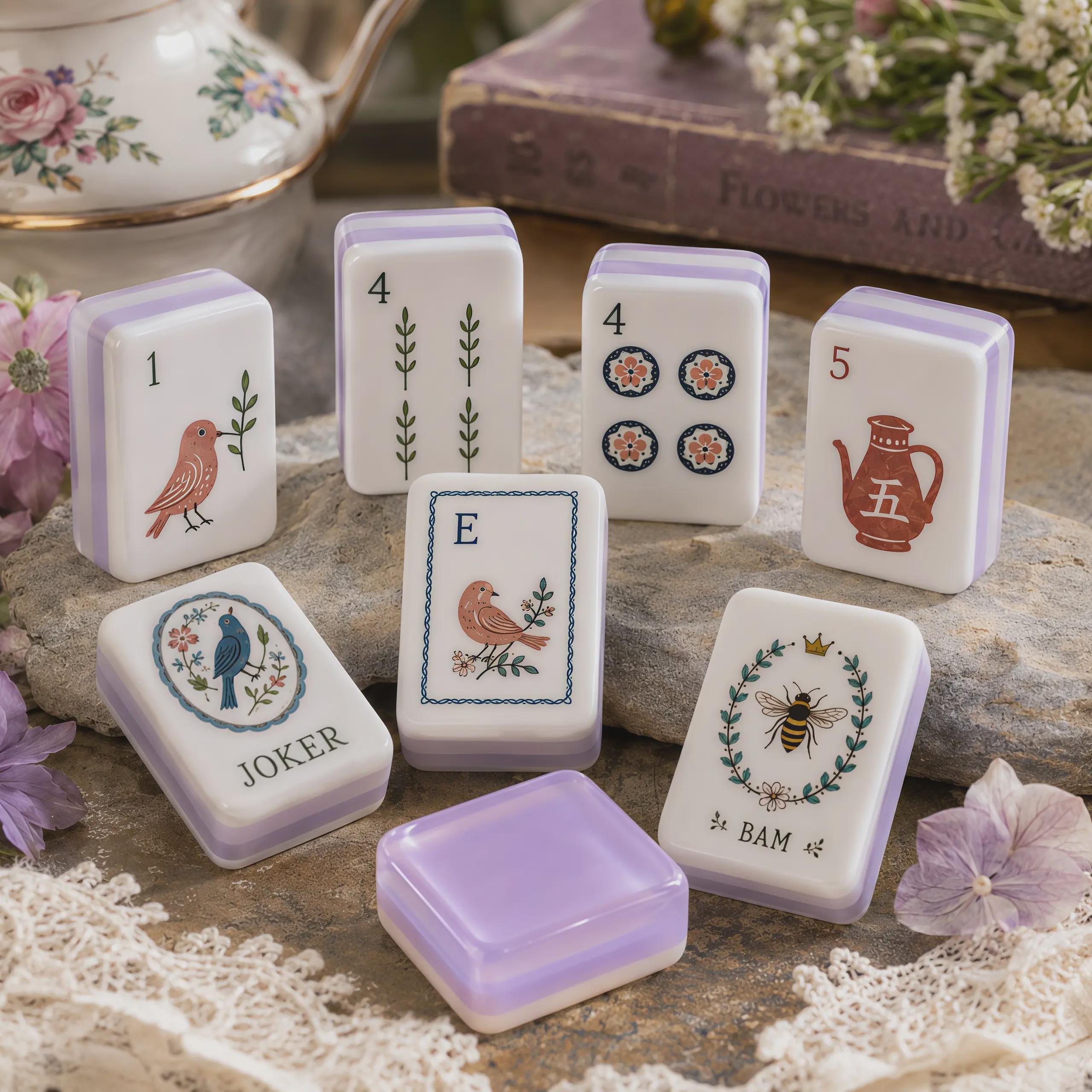 Lavender Botanical Garden American Mahjong Tiles with bird bee leafy stems and lavender backs