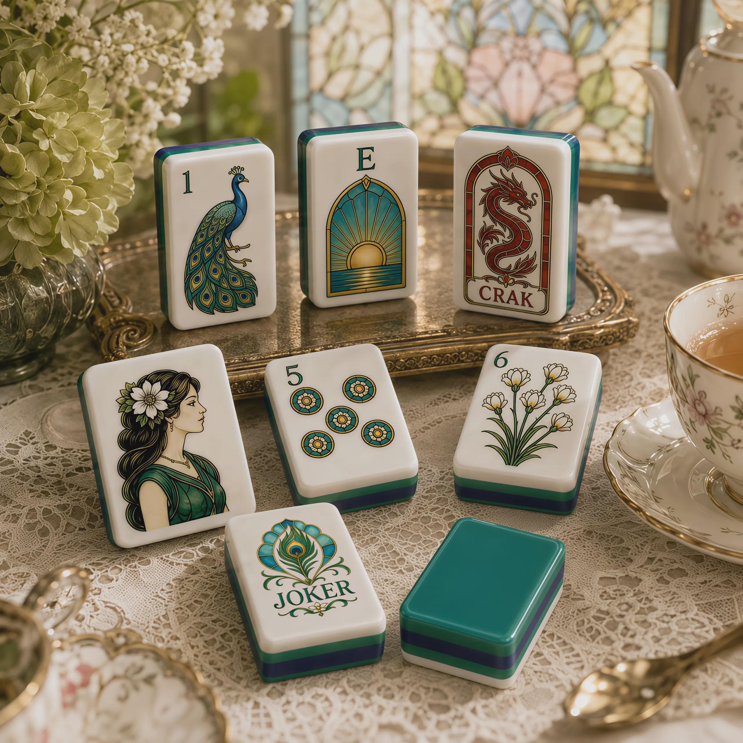 Stained glass peacock garden American Mahjong tiles with jewel-toned artwork