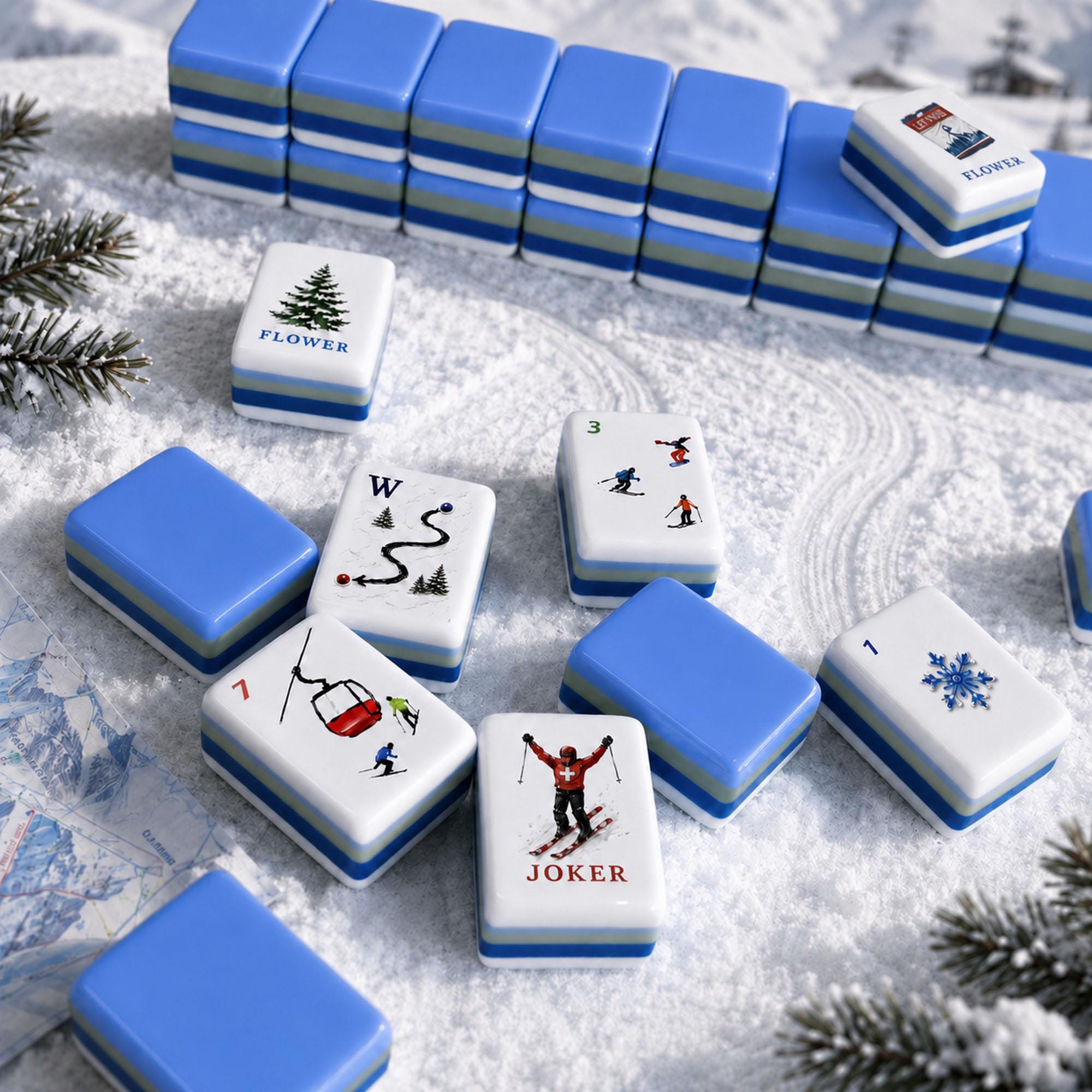 Blue Alpine Ski American Mahjong Tiles with red gondola skier Joker snowflake and blue backs