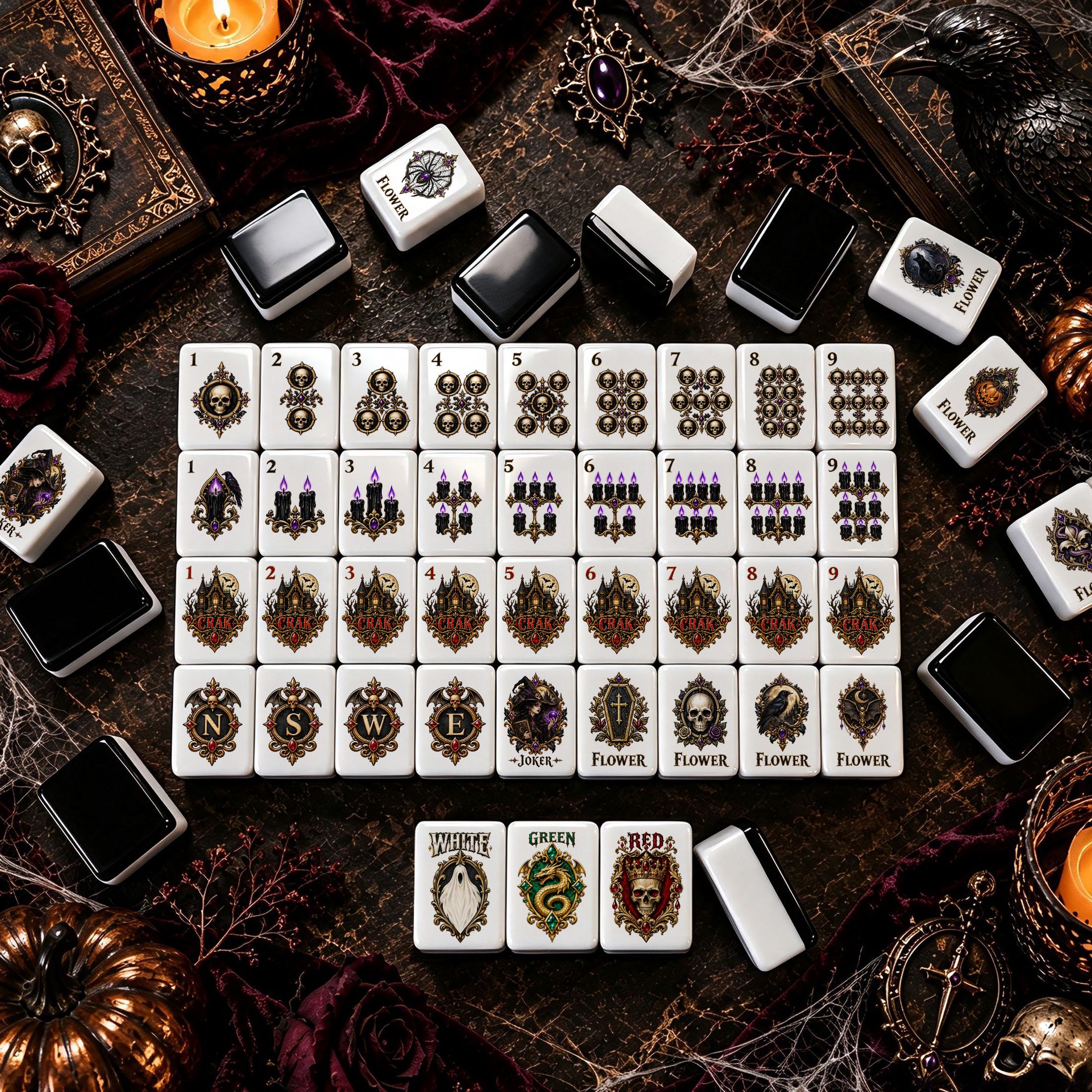 Gothic Halloween American Mahjong tiles with witches ravens and skull artwork