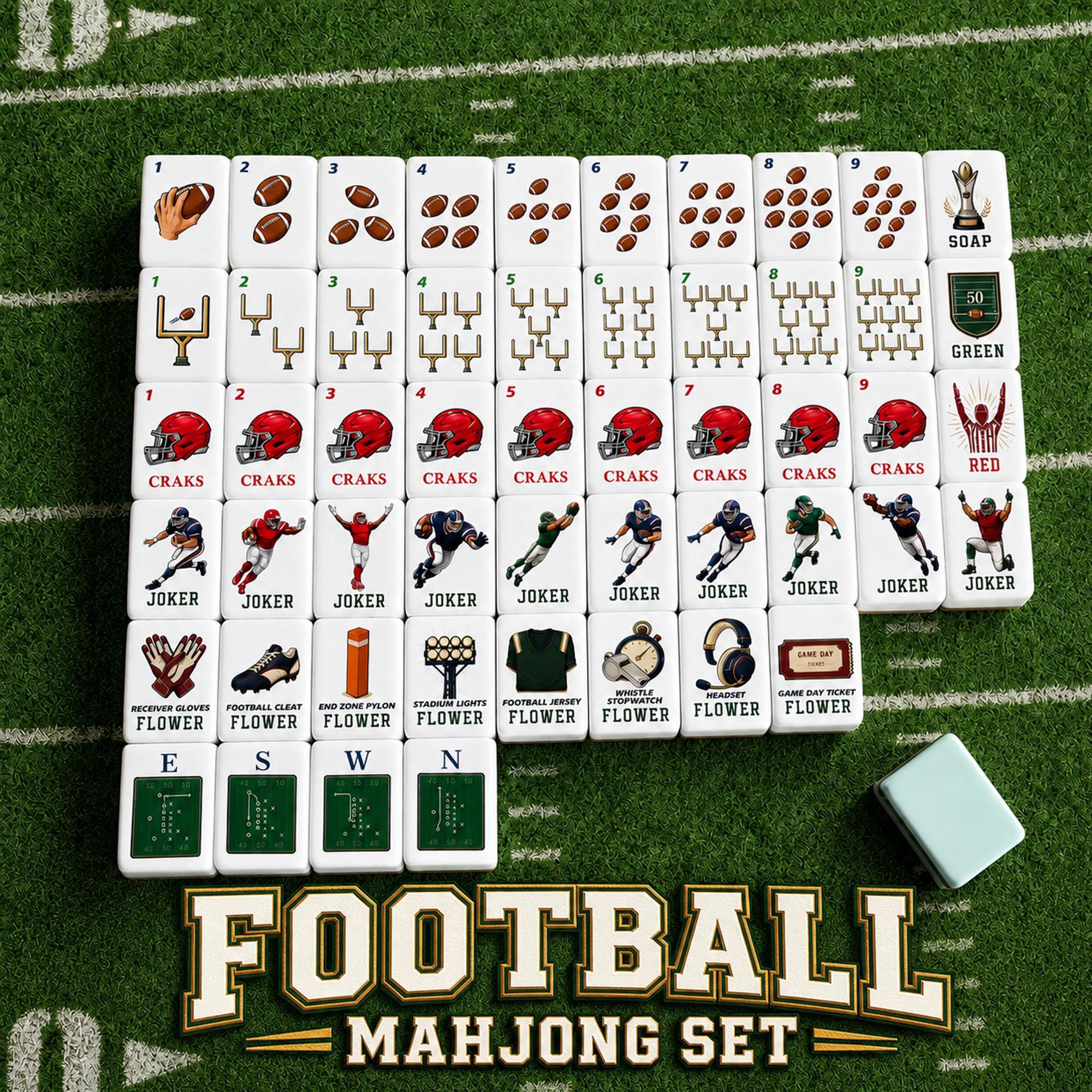 Football Game Day American Mahjong Tiles with footballs goalposts helmets player Jokers and field Winds