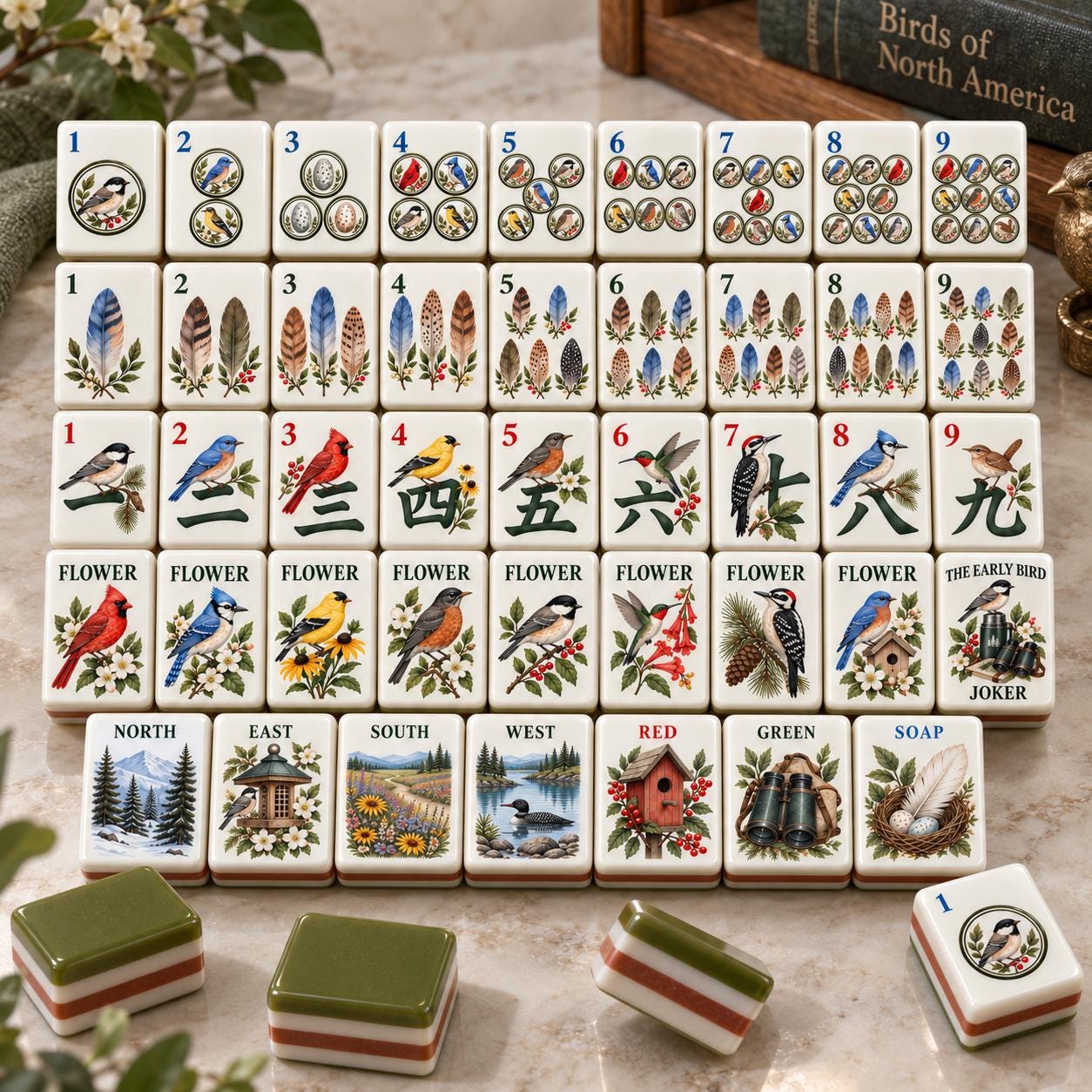 Birdwatching Society American Mahjong Tiles with birds feathers binoculars nest and green backs