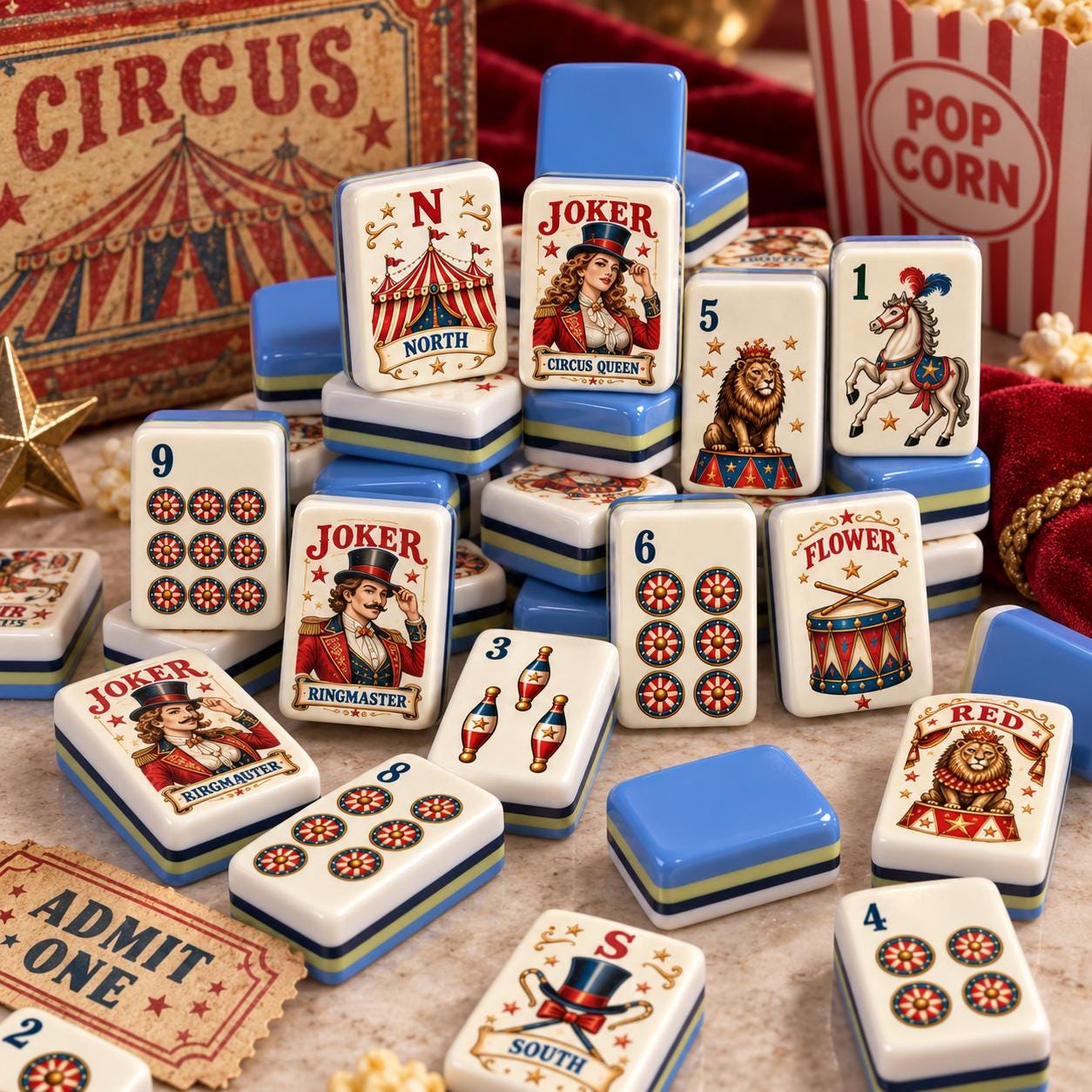 Vintage Circus Ringmaster American Mahjong Tiles with circus Queen lion tent and blue backs