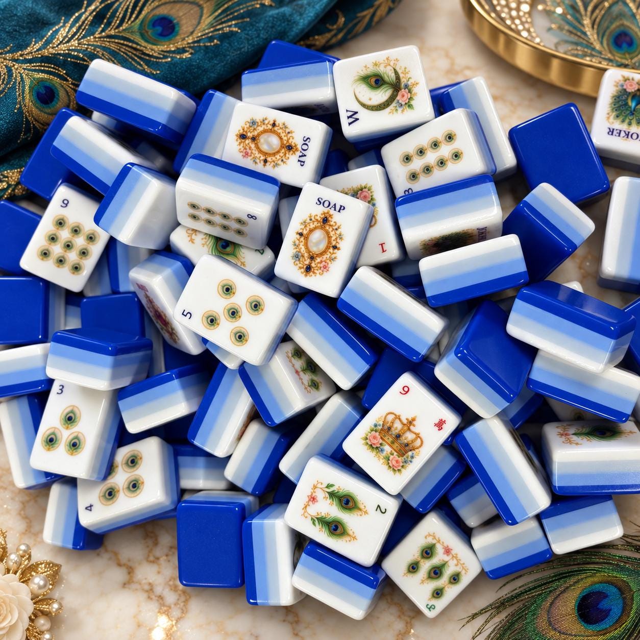 Blue Gold Peacock American Mahjong Tiles with feather eye Dots crown motifs and cobalt backs
