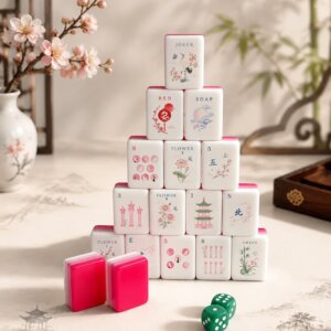 Pink Reverie crane and floral American Mahjong tiles with gradient edges
