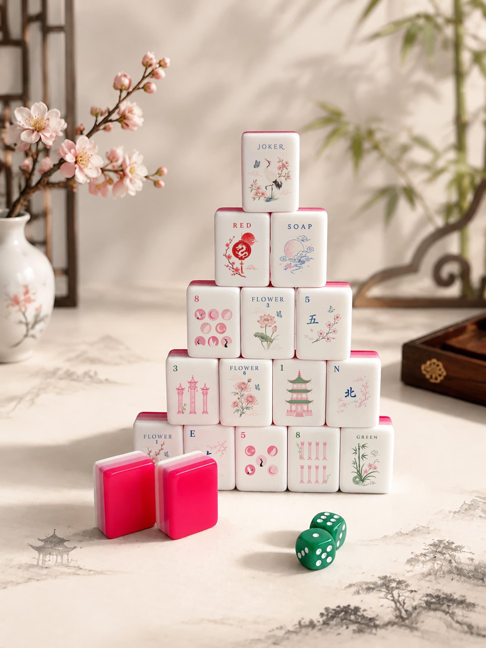 Pink Reverie crane and floral American Mahjong tiles with gradient edges