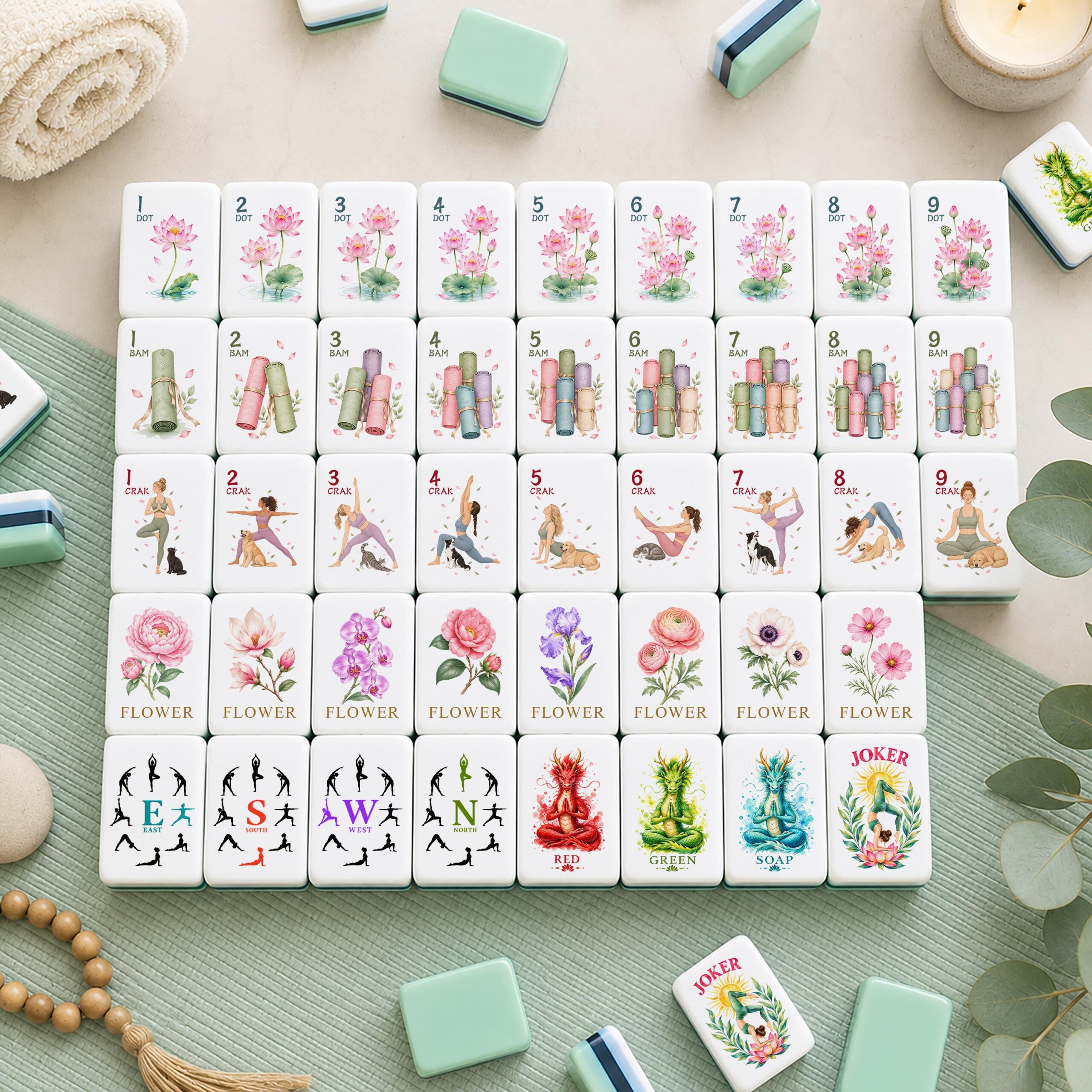 Yoga American Mahjong Set - Paws & Poses layered acrylic tiles