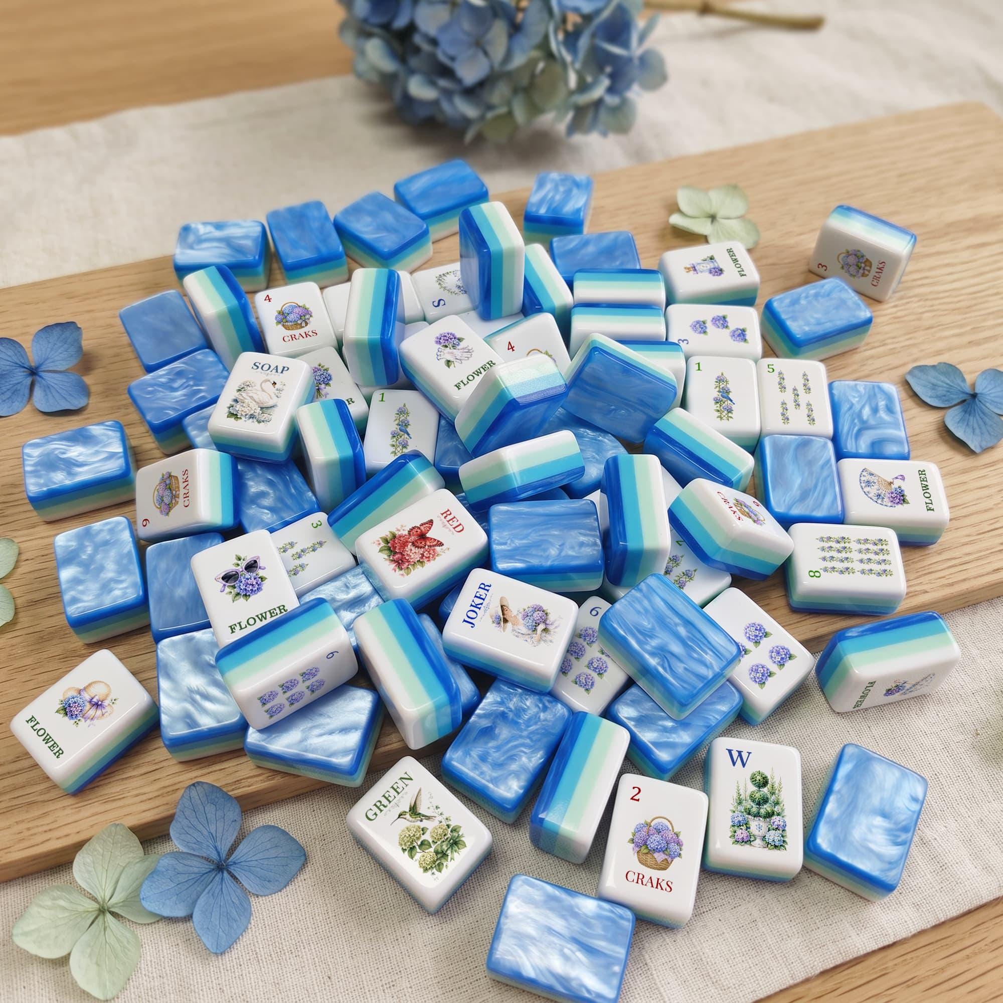 Hydrangea Garden American Mahjong Set, Blue Acrylic Mahjong Tiles, 152 /160 Tile Set With Jokers, Floral Mahjong, Gift f