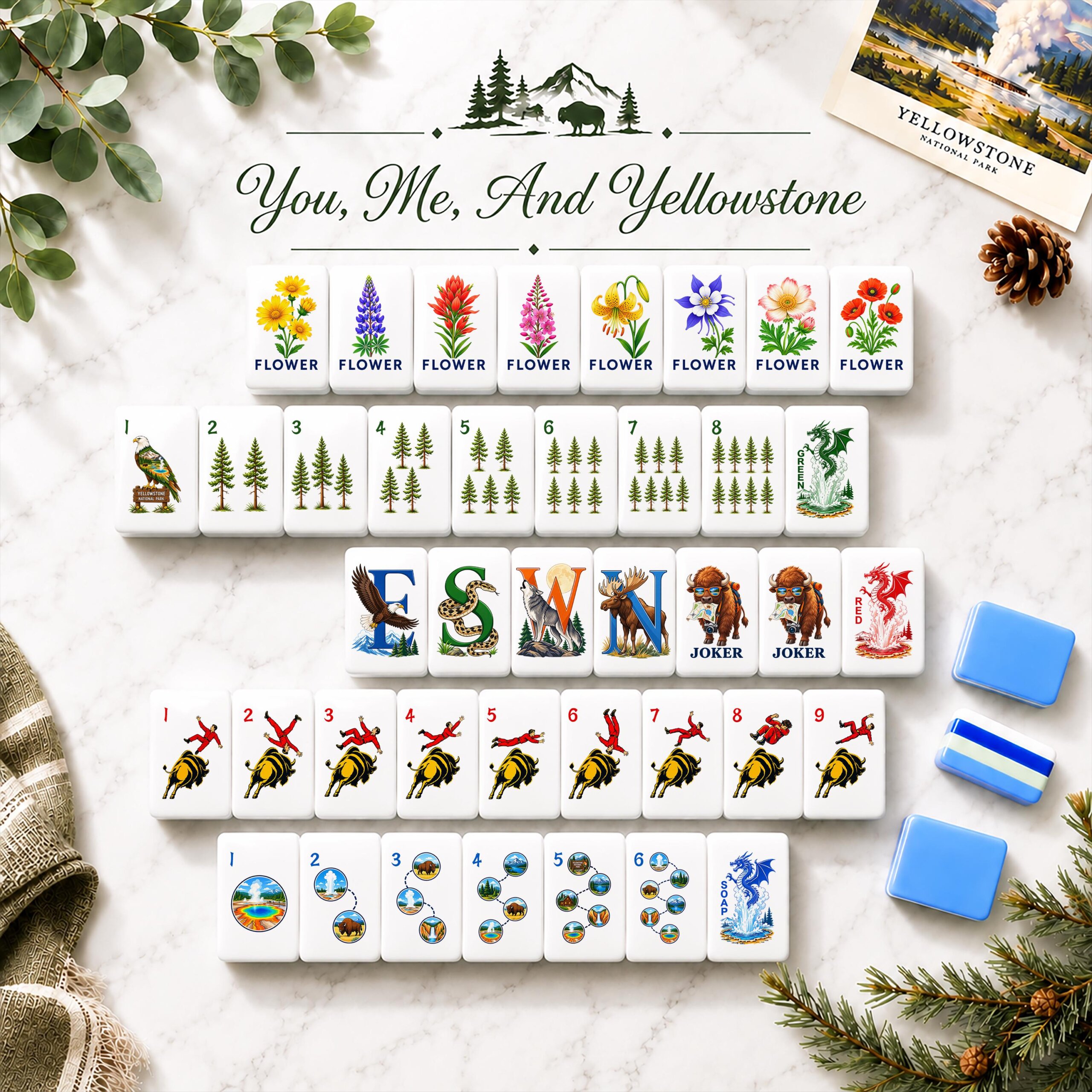 American Mahjong Set, Yellowstone Mahjong Tiles, Unique Mahjong Gift, National Park Game Set, Wildlife Gift for Mahjong