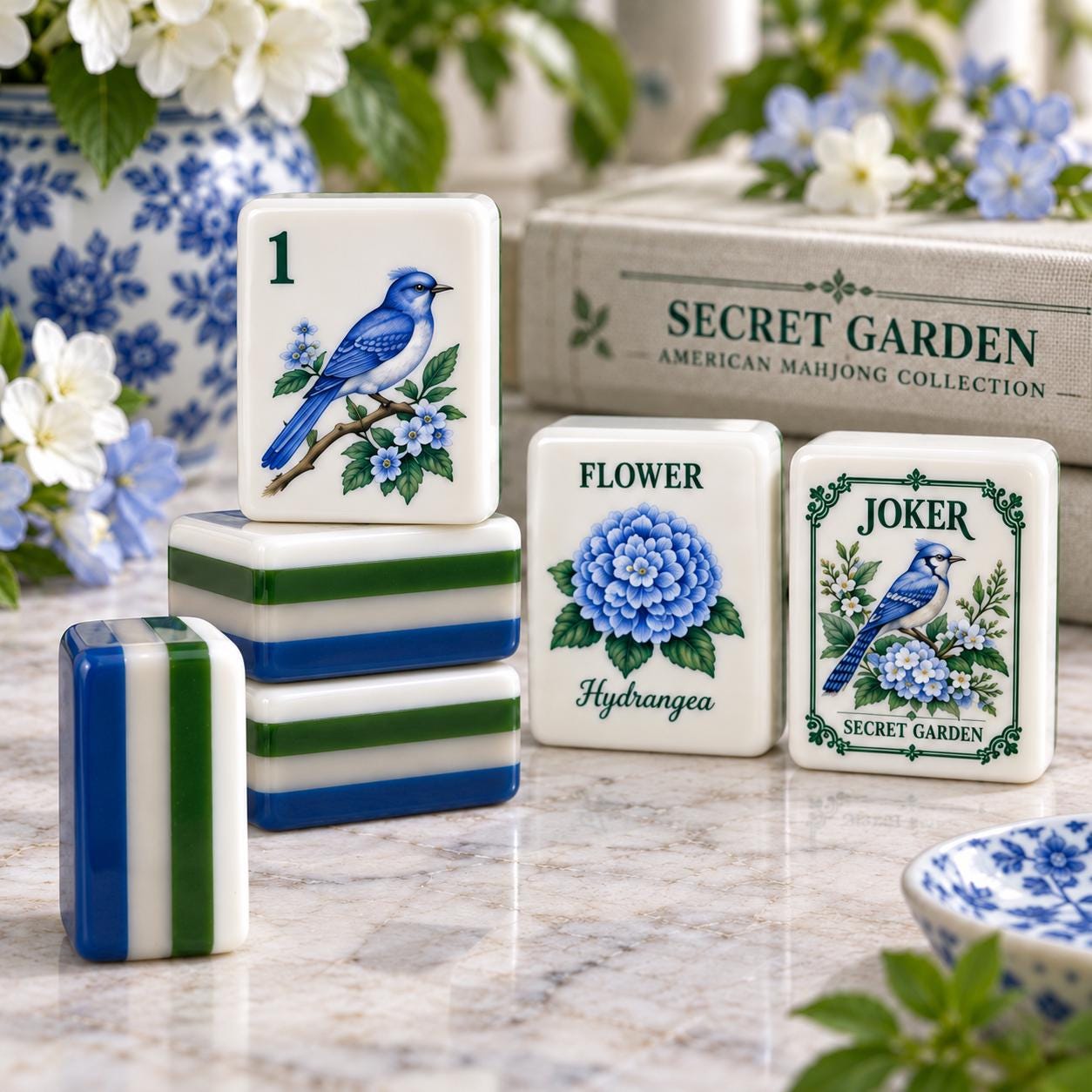 American Mahjong Set, Secret Garden Mahjong, Blue White Chinoiserie Tiles, 160 Acrylic Tiles, Custom Bulk Mahjong Gift -