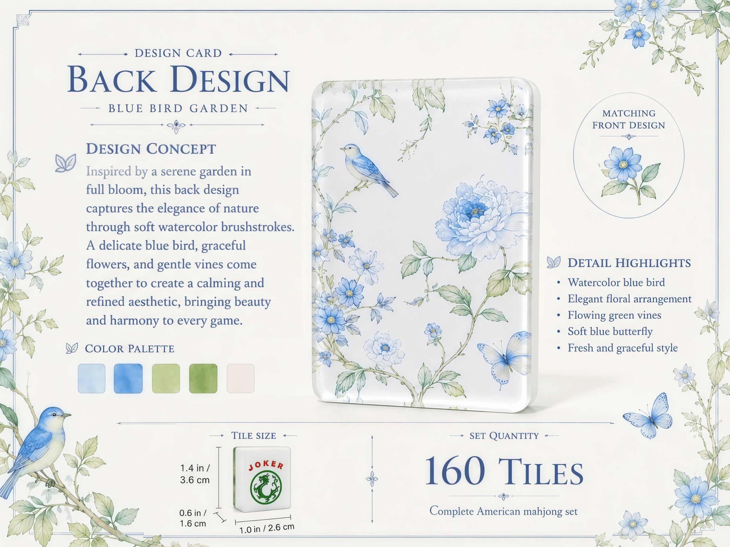 Blue Floral American Mahjong Set, Glossy Acrylic Tiles, Botanical Bird 160 Tile Game, Gift for Mahjong Lovers and Collec