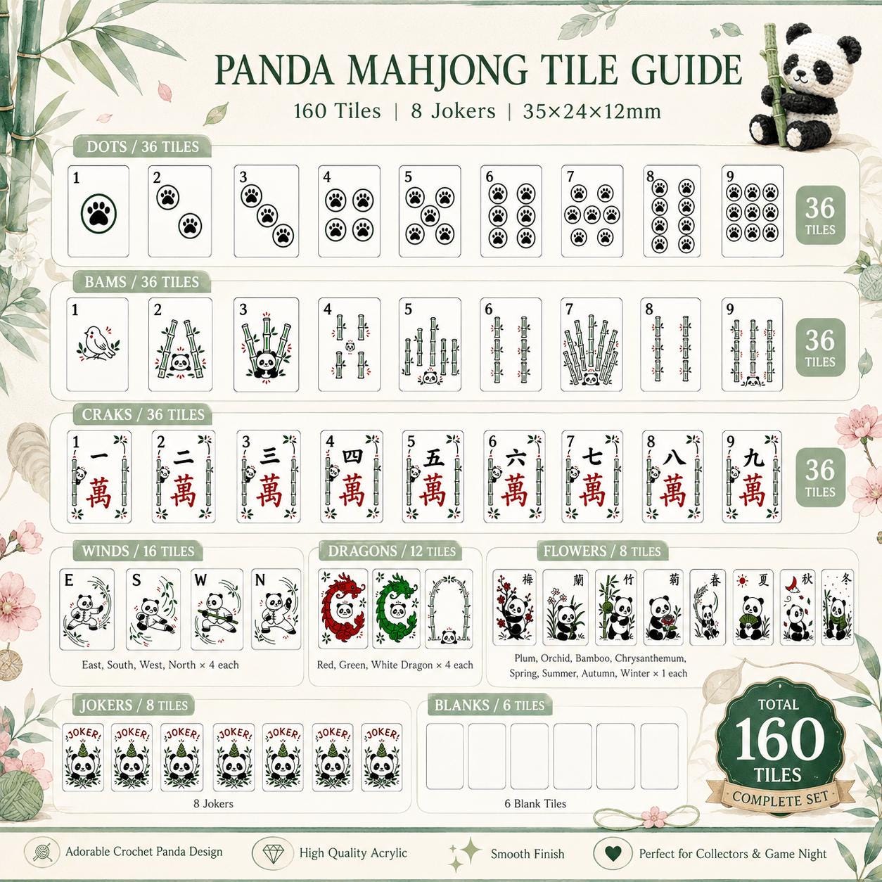 Panda American Mahjong Set, Bamboo Botanical Acrylic Tiles, Cute Nature Inspired 160 Tile Game, Gift for Mahjong Lovers