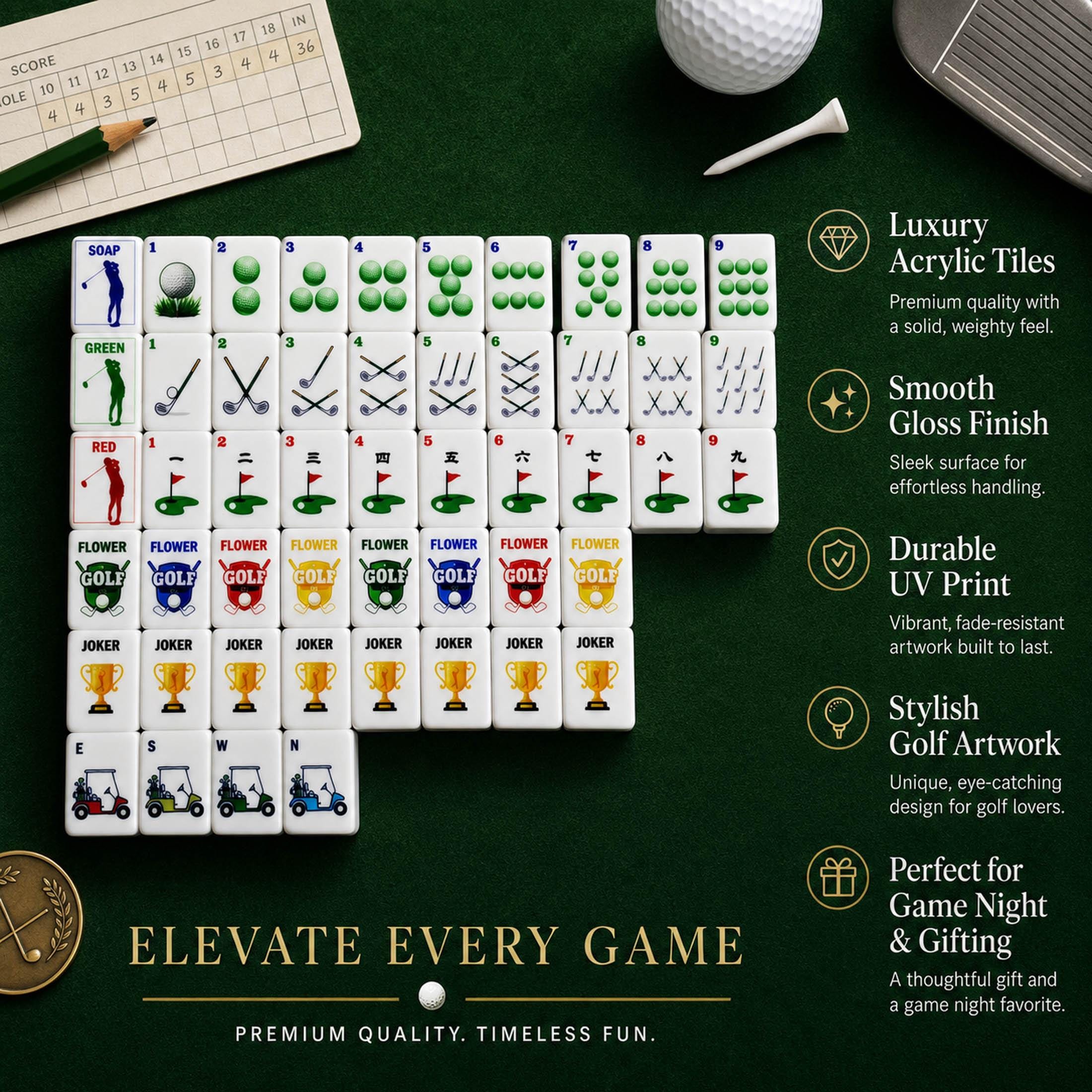 Golf Themed Mahjong Tile Set (152/ 160 Tiles), UV Print, Custom Tile Back Logo, Unique Gift for Golf Lovers - 2