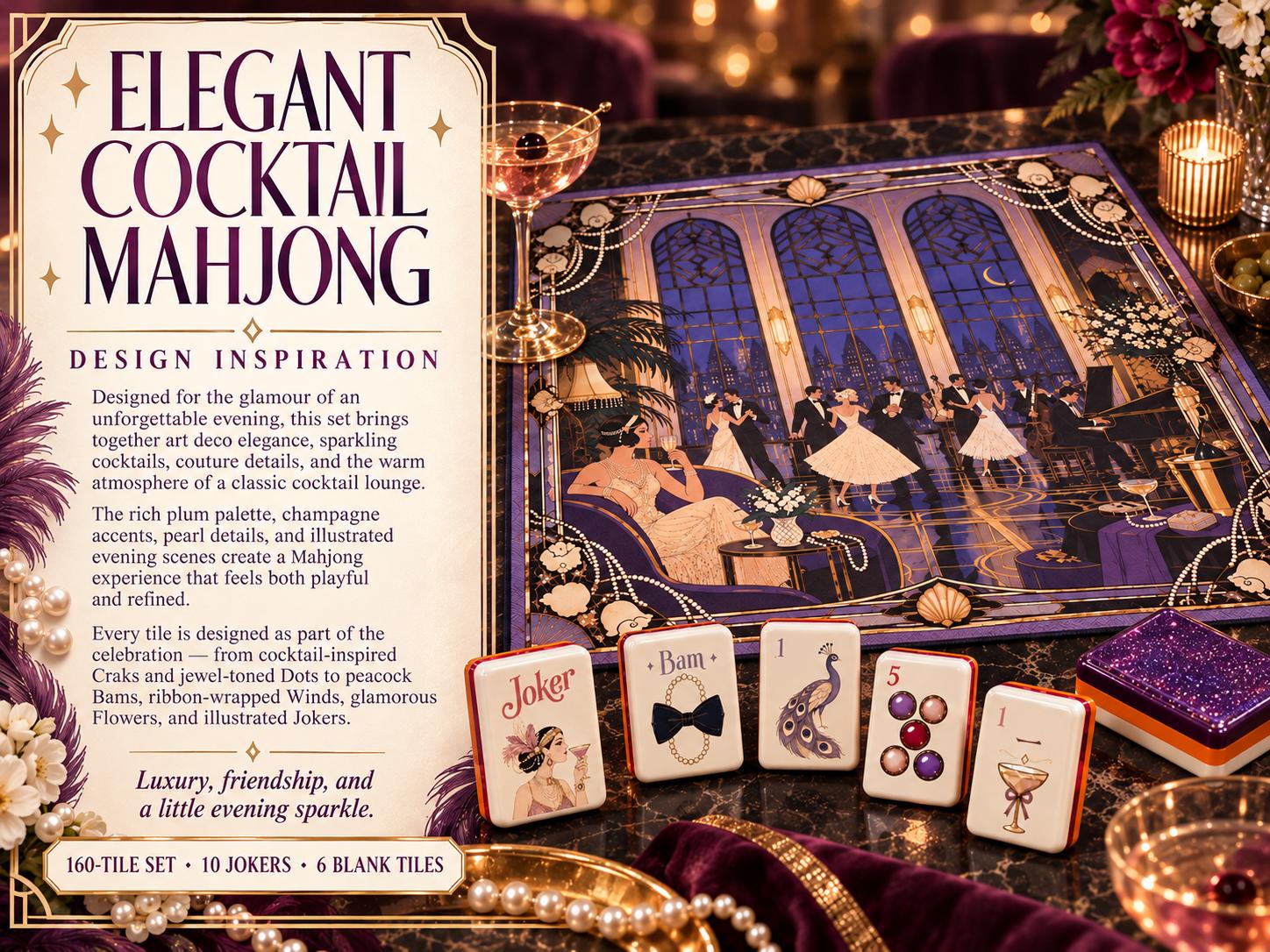 Cocktail Mahjong Set American Mahjong Tiles, Purple Luxury Design with Vintage Evening Party Style, Elegant Classic Game