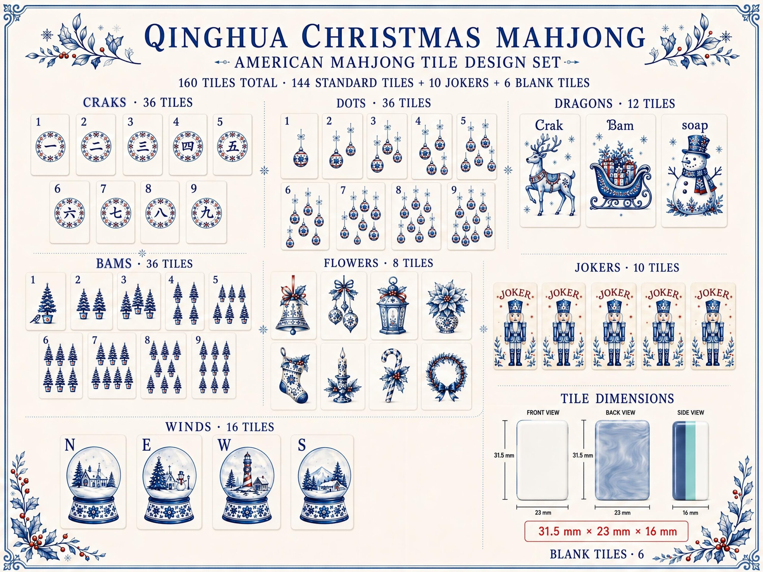 Blue White Christmas American Mahjong Set, Porcelain Style Acrylic 160 Tile Set, Winter Wonderland Mahjong Gift for Play
