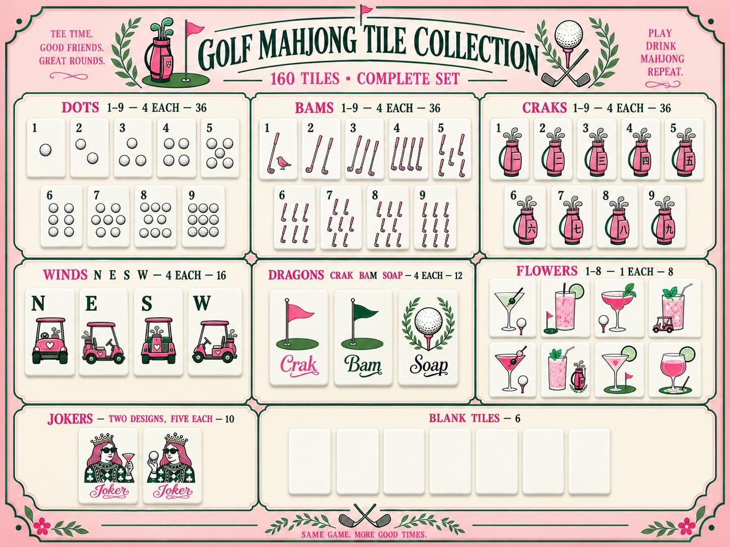 Pink Golf Mahjong Set, Luxury Country Club American Mahjong Tiles, Feminine Golf Theme Game Set with Preppy Sports Inspi