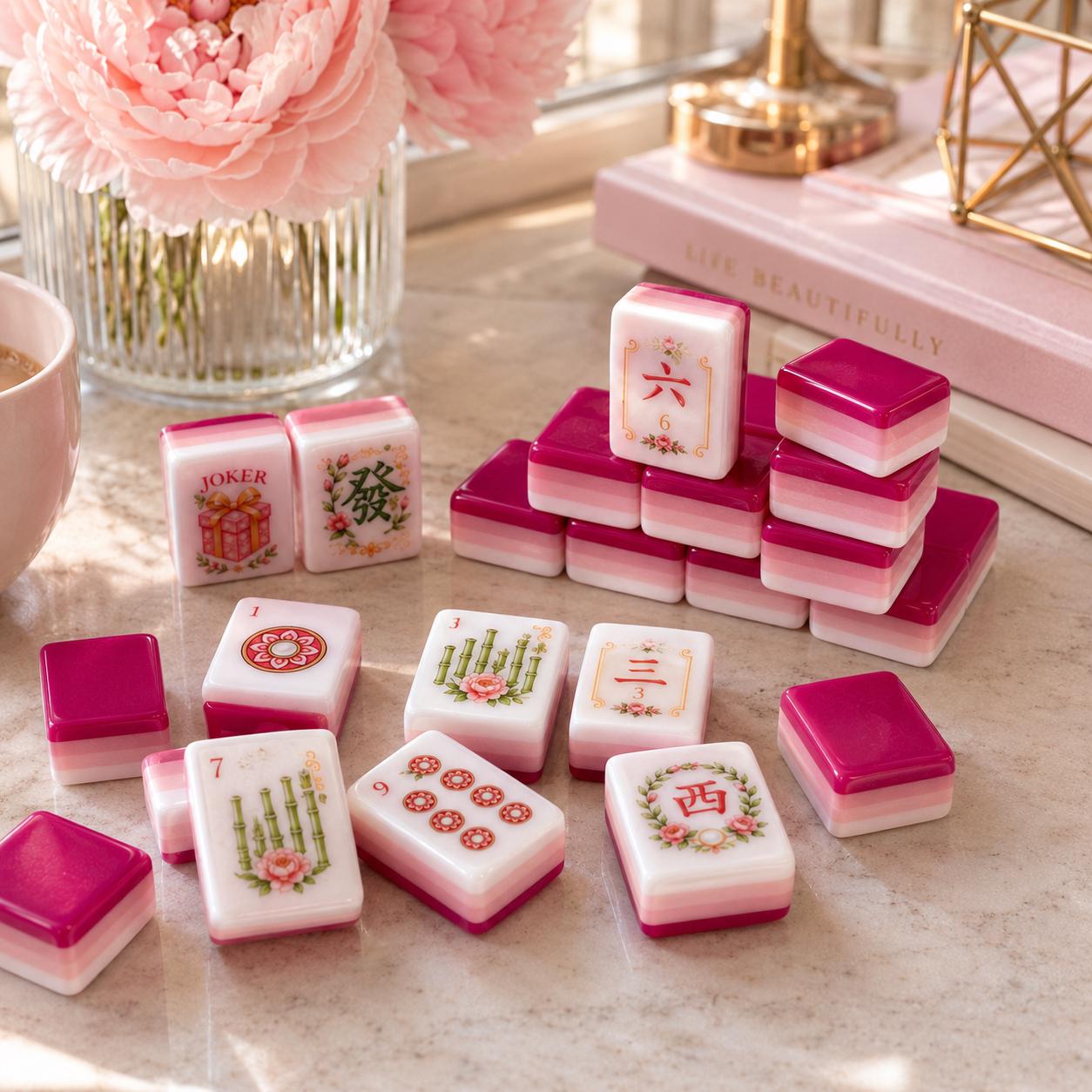 Rose Garden American Mahjong Set, Pink Floral Acrylic Mahjong Tiles, 160 Tile UV Printed Mahjongg Game, Gift for Mahjong