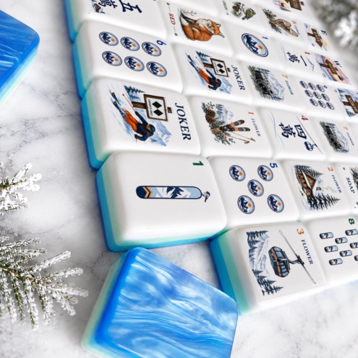 Alpine Ski American Mahjong Set, Winter Mountain Acrylic Mahjong Tiles, Blue Marble Back, Ski Lodge Gift, Luxury Gift fo