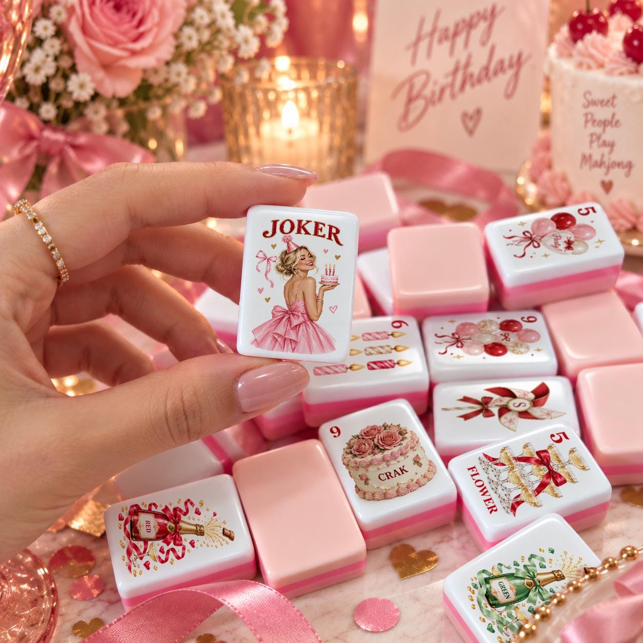 Birthday Party American Mahjong Set, Pink Mahjong Tiles, Girls Night Gift, Mahjong Birthday Gift, Custom Joker Tile, Mah