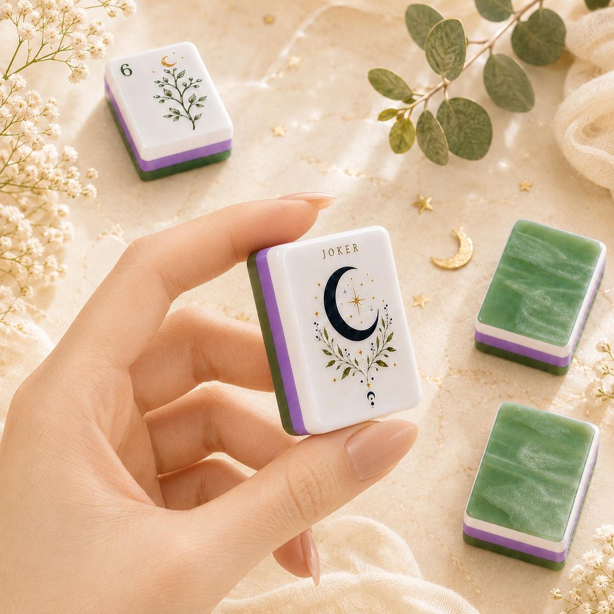 Celestial Mahjong Set, Moonlit Garden American Mahjong Tiles, Botanical Green Jade Mahjong, Game Night Gift for Her - 2