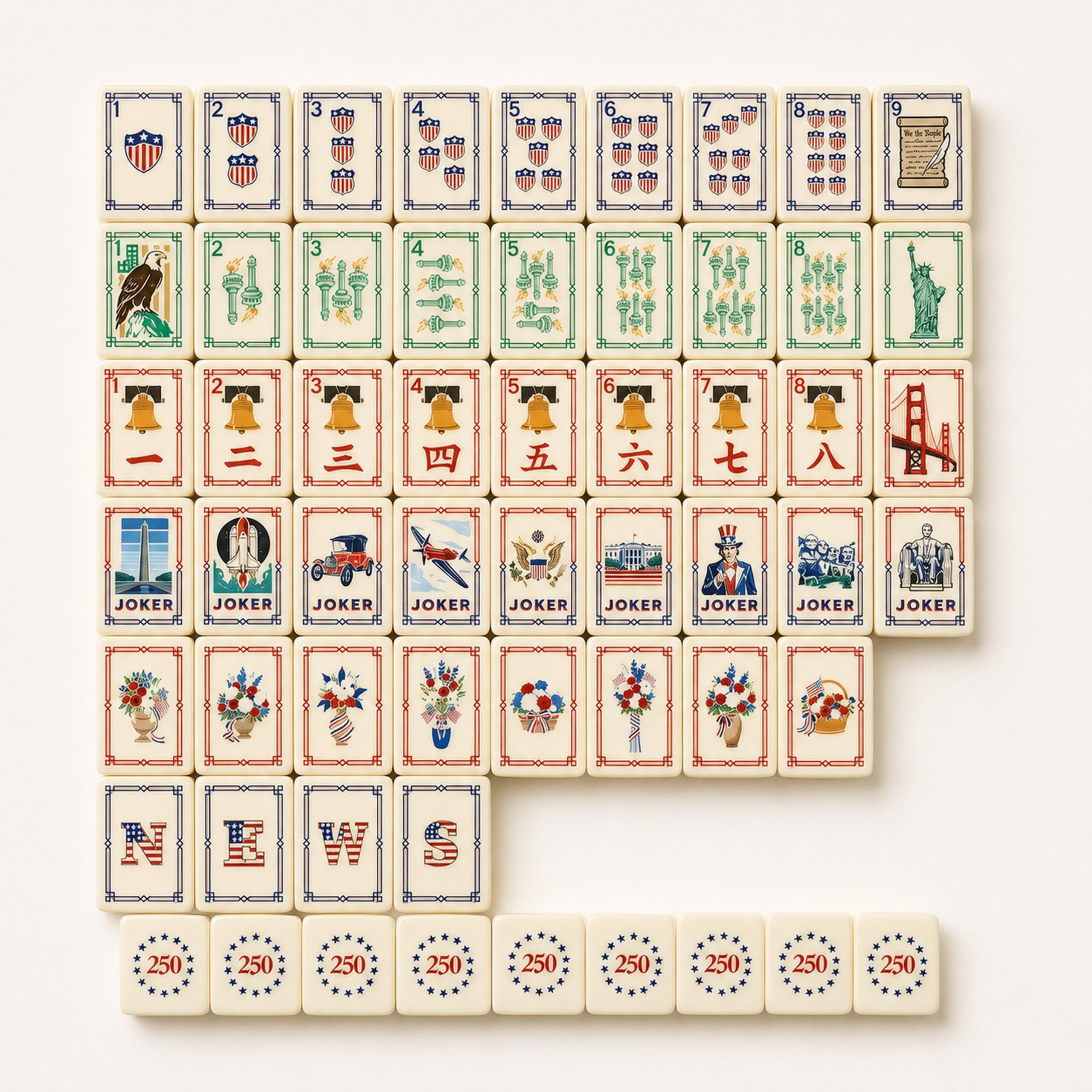 Patriotic American Mahjong Tile Set: Red, White and Blue 250th Anniversary Design - 2