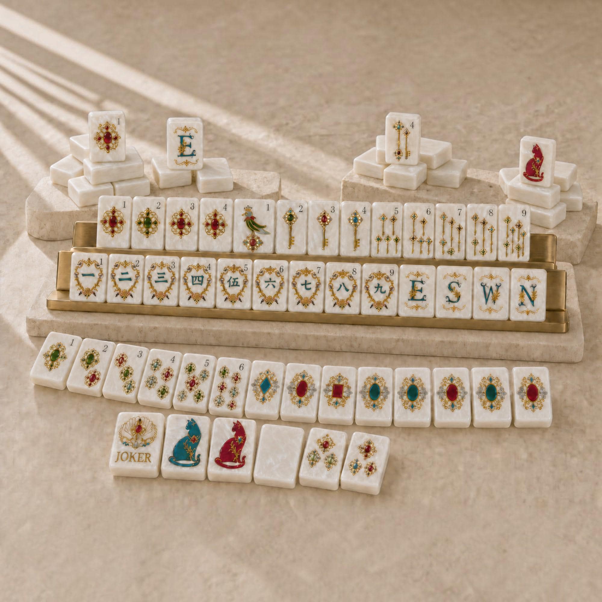 American Mahjong Set, 160 Pearlescent White Acrylic Tiles, Gold Filigree and Jewel-Inspired Designs - 2