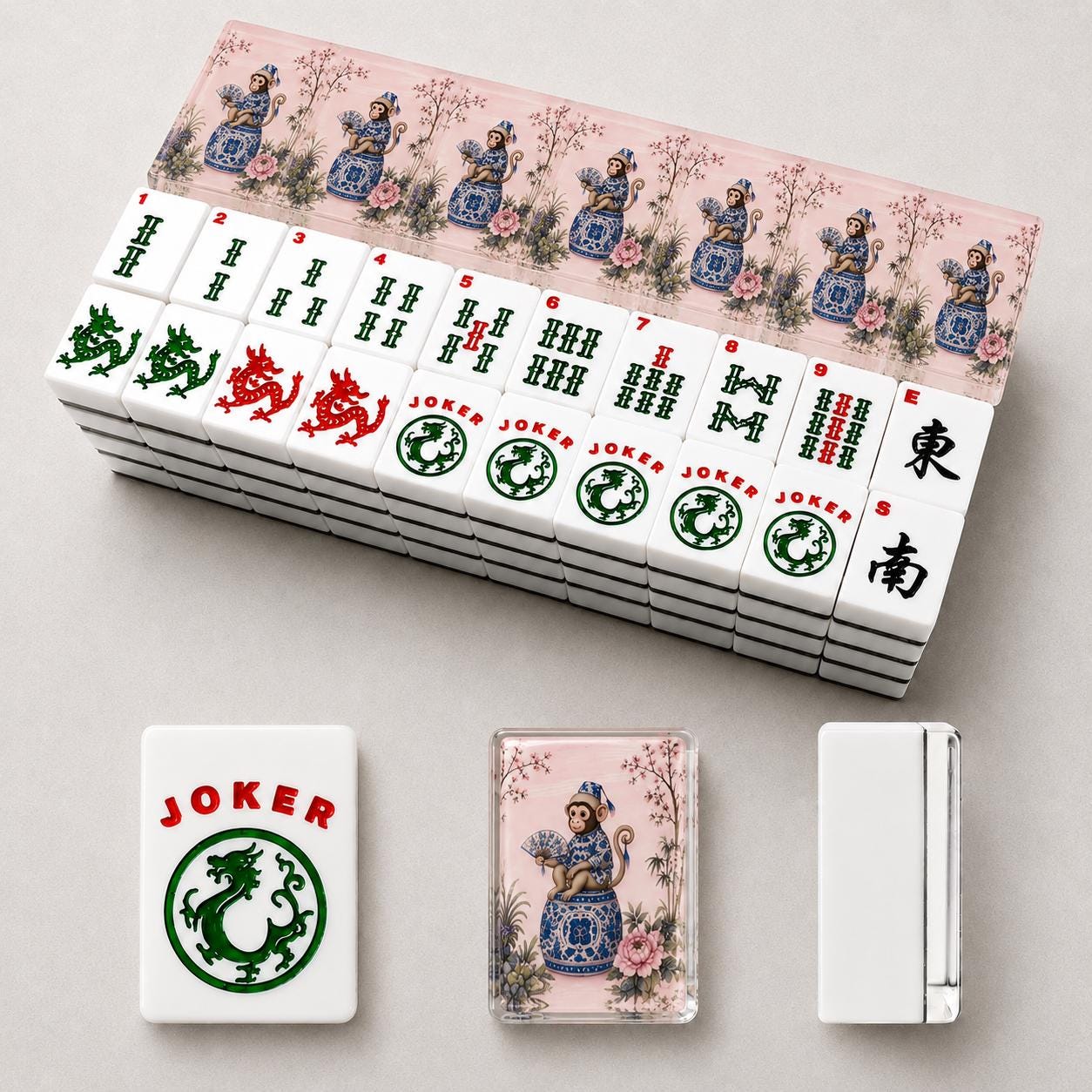 Chinoiserie Monkey Mahjong Tiles, 1.4"x1.0"x0.6" Luxury American Mahjong Tiles, Asian Heritage Mahjong Gift, Premium Ame