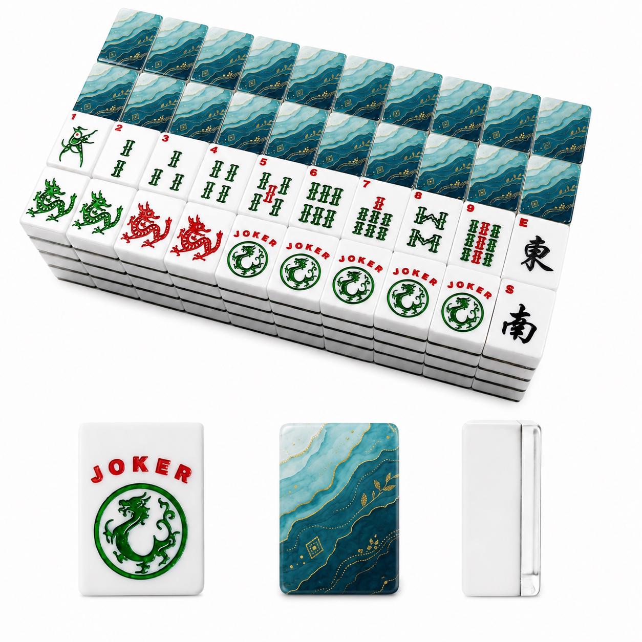 Teal Marble Mahjong Tiles | 1.4"x1.0"x0.6" Gold Wave American Mahjong Acrylic Tiles | Luxe Mahjong Gift |166 Pieces - 2