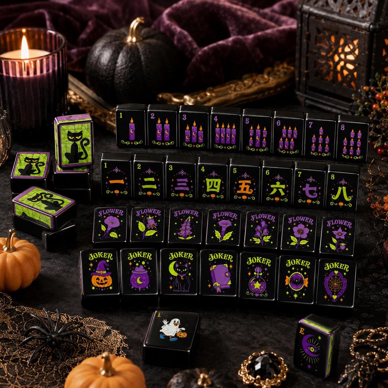 Personalized Halloween Black Cat Mahjong Tiles, 1.4"x1.0"x0.6" Neon Spooky Acrylic American Mahjong Set, Witchy Mahjong