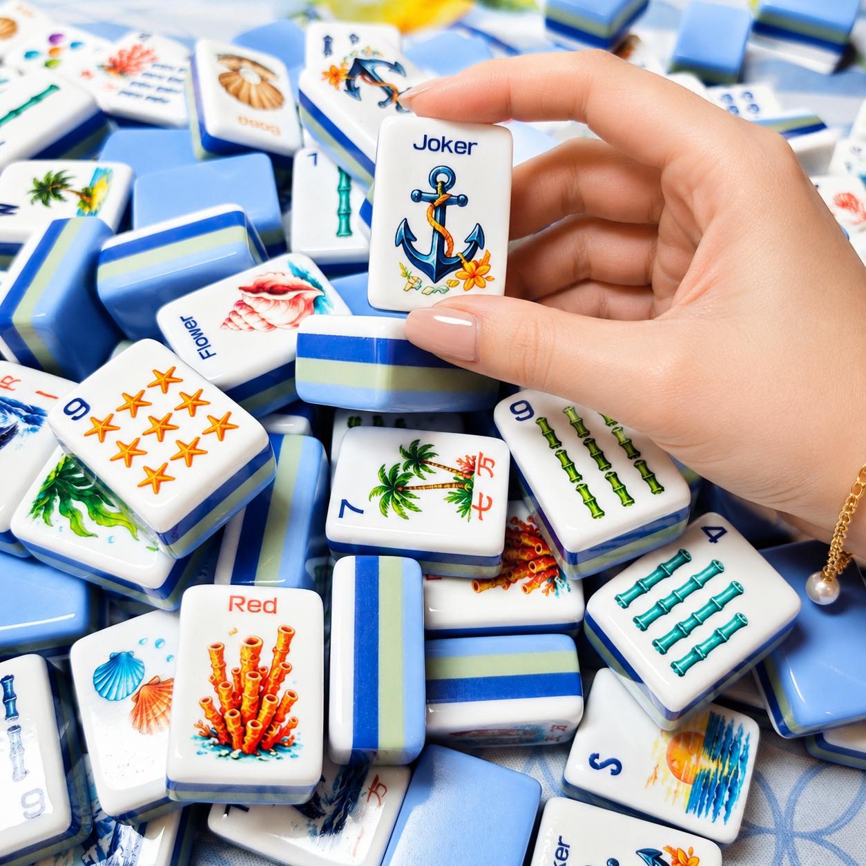 Beach American Mahjong Tiles, Nautical Mahjong Set with Optional Mat, Coastal Game Night Gift, Ocean Mahjong Accessories