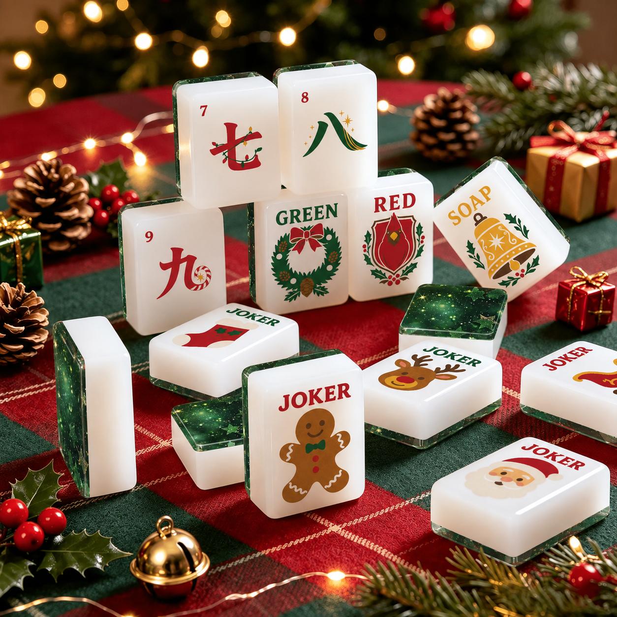 Christmas Mahjong Tiles Set, Green Glitter American Mahjong Tiles, Santa Reindeer Gingerbread Joker Tiles, Festive Holid