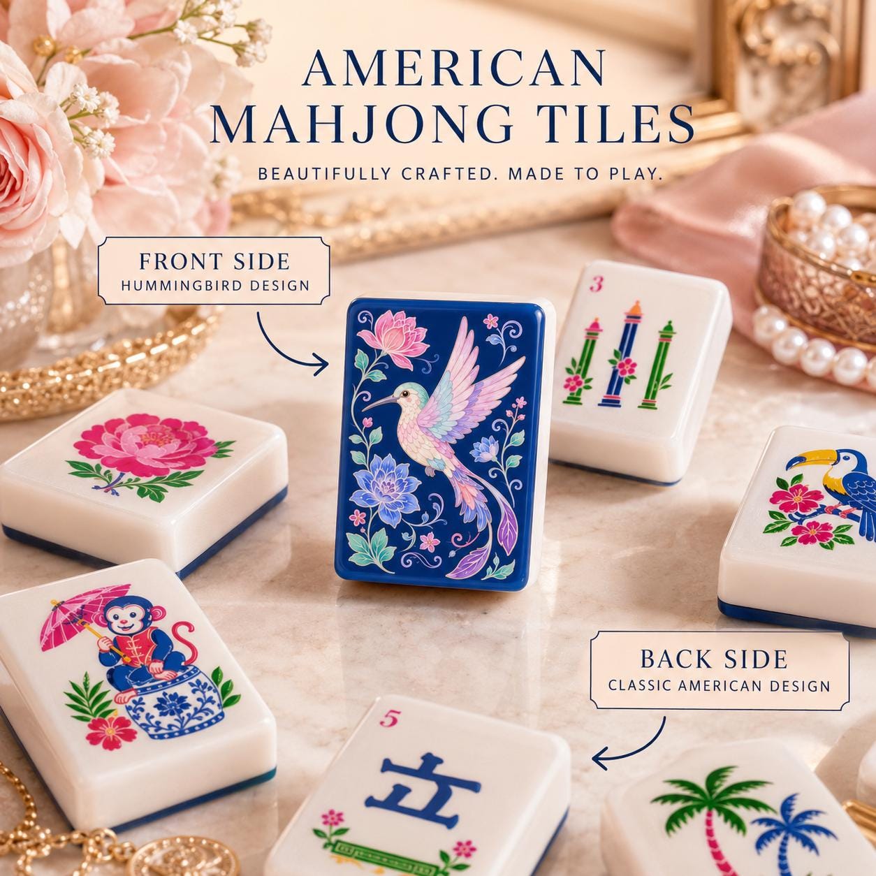 Floral Humming Bird Mahjong Tiles, Blue Marble American Mahjong Set, Pink Parasol Floral Acrylic Tiles, Grandmillennial