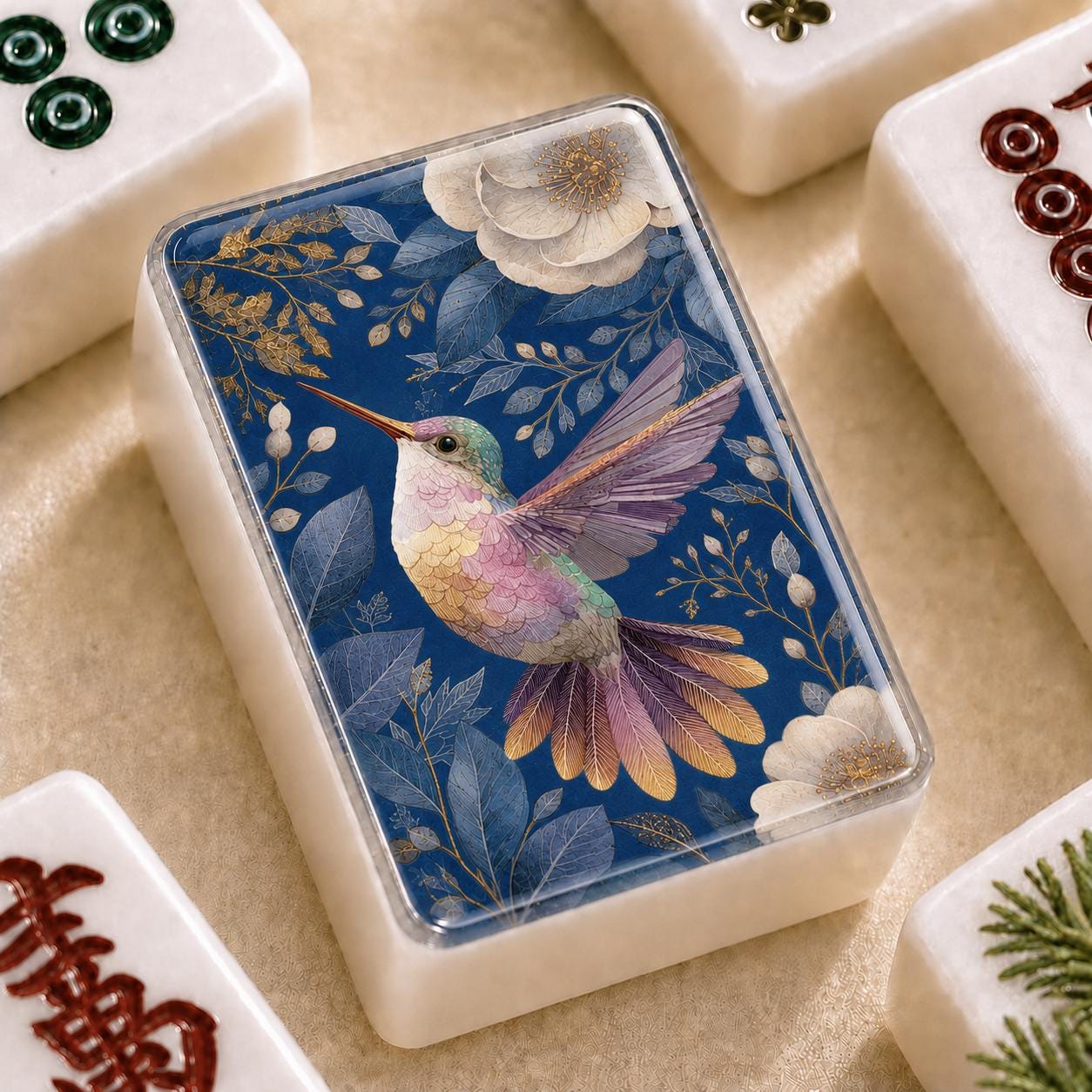 Humming Bird Mahjong Tiles, Blue Marble American Mahjong Set, Pink Parasol Floral Acrylic Tiles, Grandmillennial Mahjong