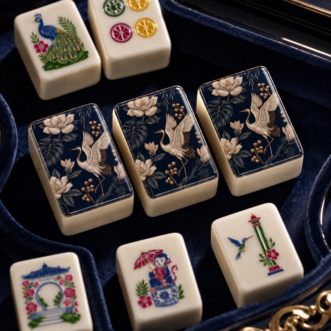 Navy Chinoiserie Crane Mahjong Tiles Set, Luxury Acrylic Mahjong Tiles, Elegant American Mahjong Set, Oriental Floral Ma