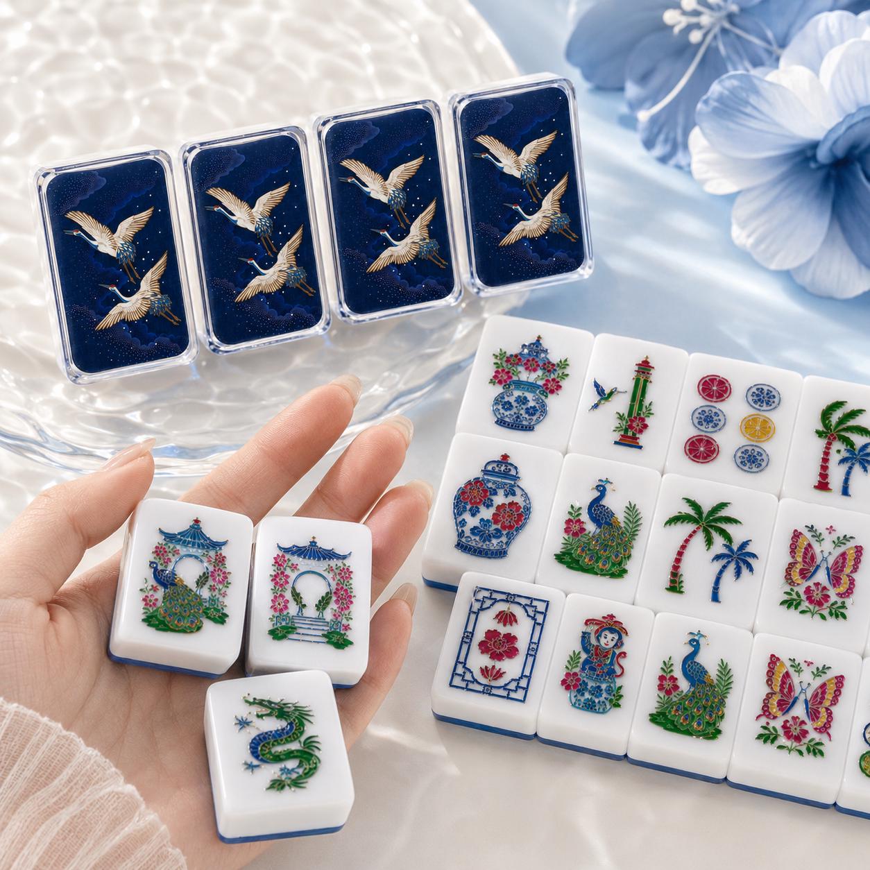 Blue White Chinoiserie Mahjong Tiles Set, Luxury Acrylic Mahjong Tiles, Peacock Floral American Mahjong Set, Elegant Ori