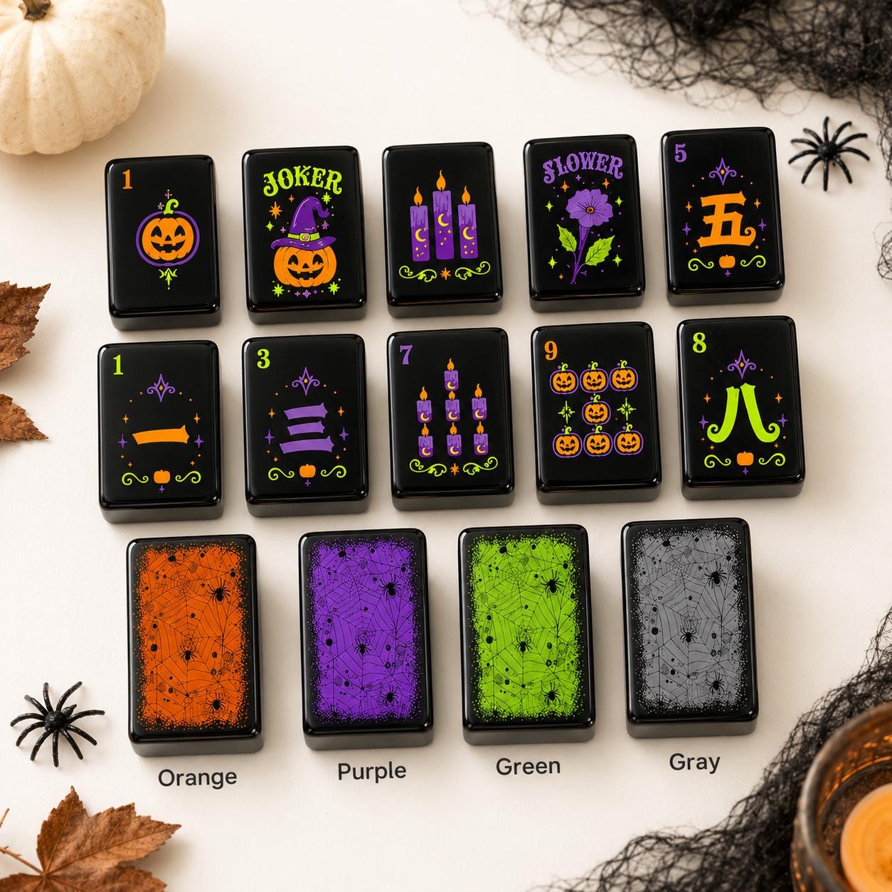 Halloween Mahjong Tiles Set, Spooky Acrylic Mahjong Tiles, Black Halloween American Mahjong Set, Witchy Pumpkin Mahjong