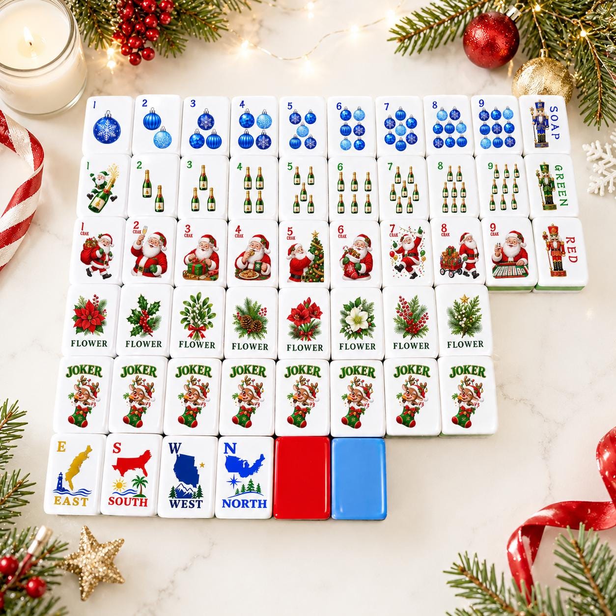 Santa Mahjong Party Set, Christmas Mah Jongg Tiles, 160-Piece American Mahjong Set, Holiday Game Night Gift for Women &