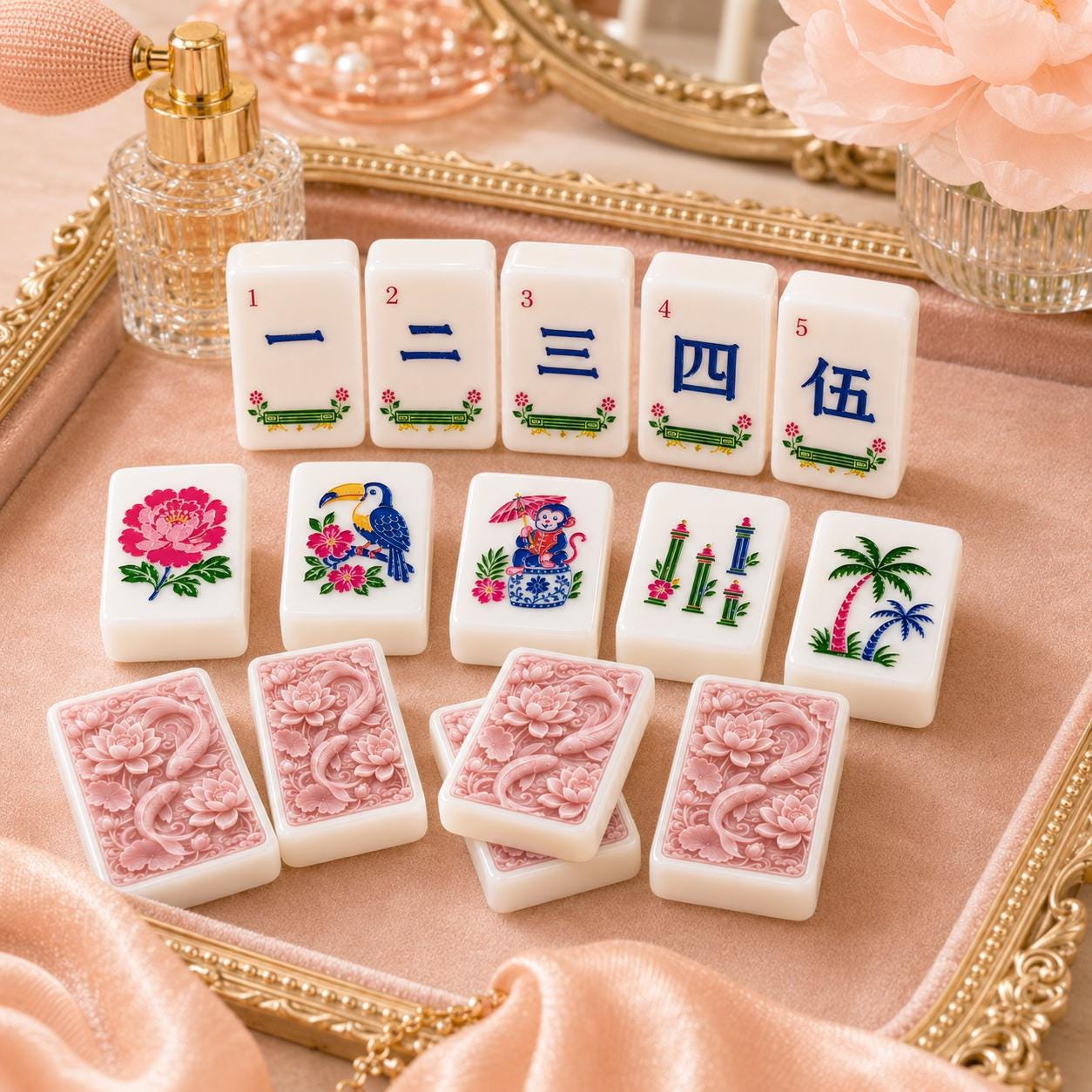 Pink Koi Lotus Mahjong Tiles Set, Luxury Acrylic American Mahjong Tiles, Floral Chinese Inspired Game Set, Elegant Mahj