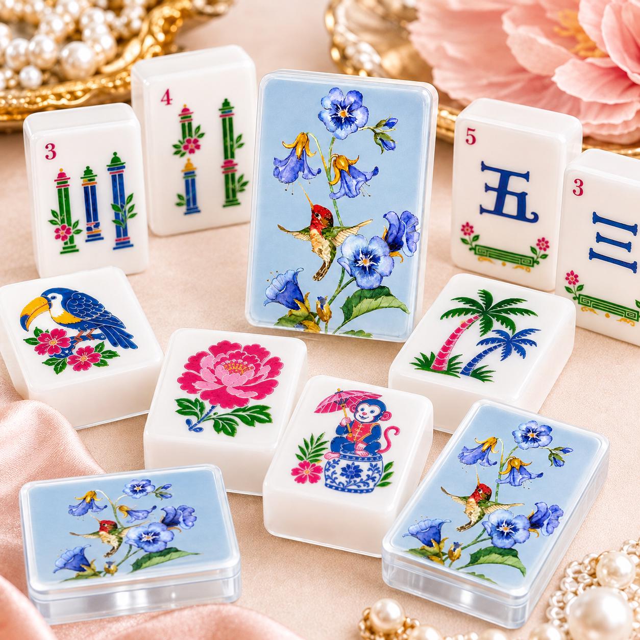 Blue Hummingbird Floral Mahjong Tiles Set, Elegant American Mah Jongg Game Set, 1.4 x 1.0 x 0.6 in 160pc Acrylic Mahjong