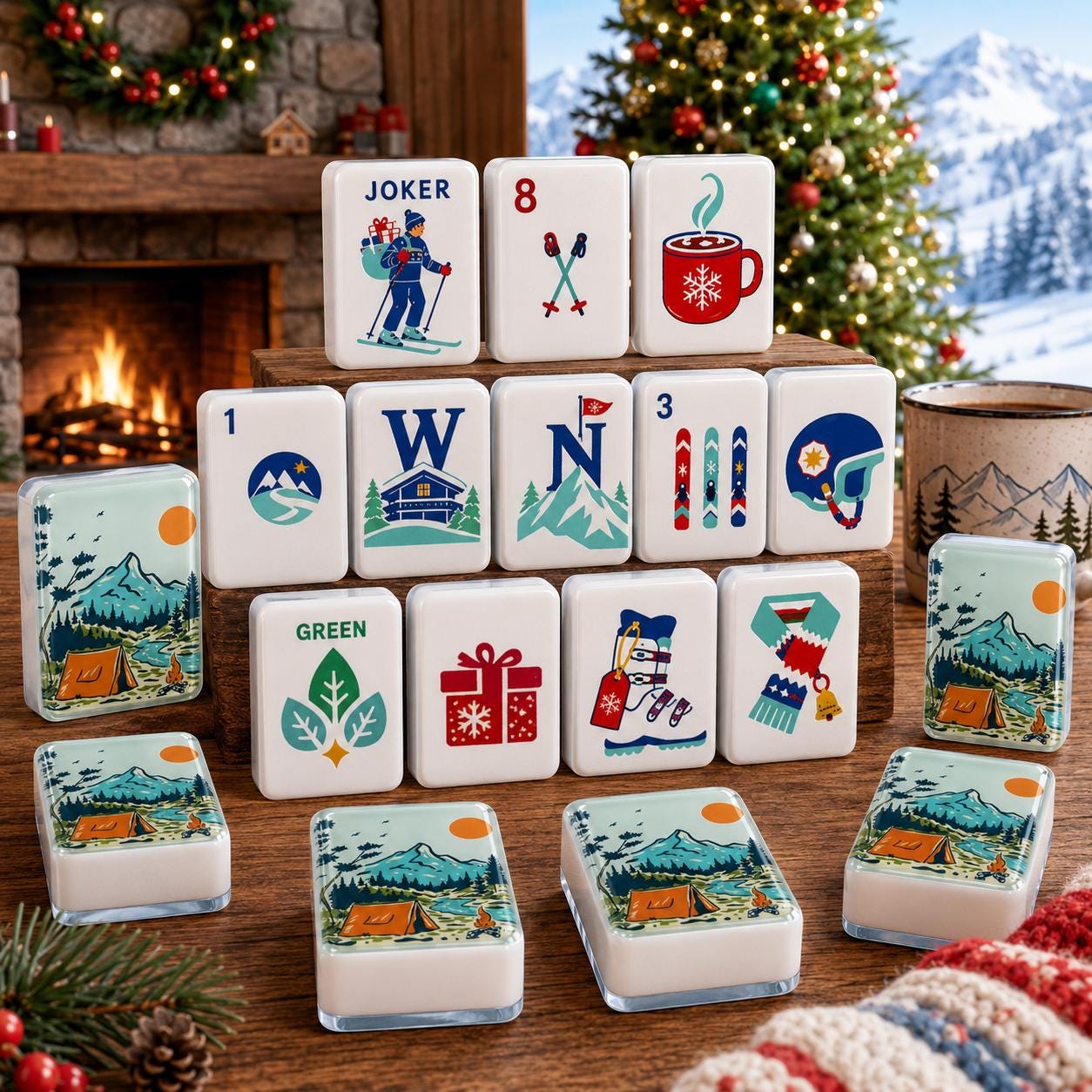 Ski Camping Mahjong Tiles Set, Winter Outdoor American Mah Jongg Set, Acrylic Mahjong Tiles, Adventure Camp Design - 2