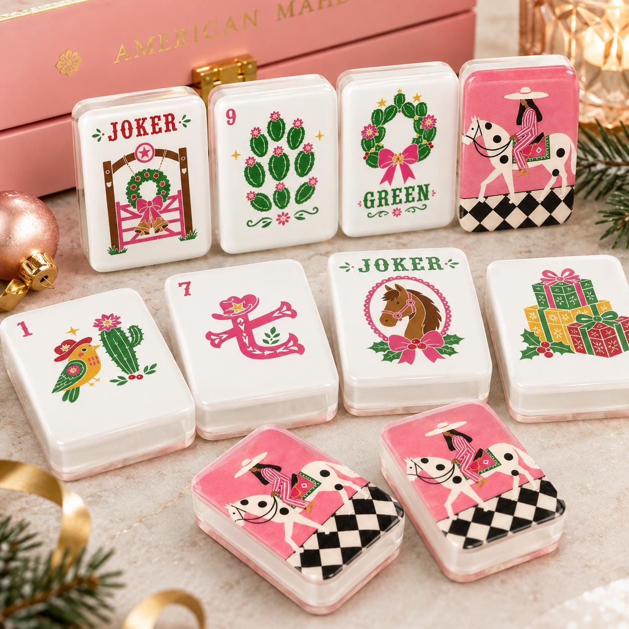 Christmas Western Mahjong Tiles | 1.4"x1.0"xx06" 4-Layered Acrylic American Mahjong Tiles | Holiday Horse & Cactus Desig