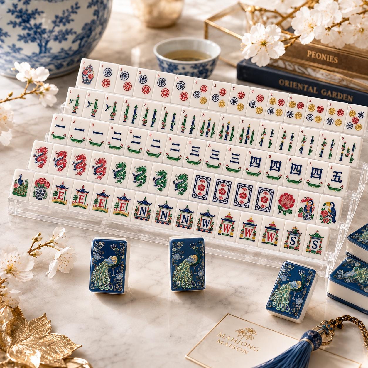 Peacock Mahjong Tiles Set, Blue Chinoiserie Game Set, 1.4"x1.0"x0.6" 160pc Acrylic American Mah Jongg Tiles, Elegant Gif