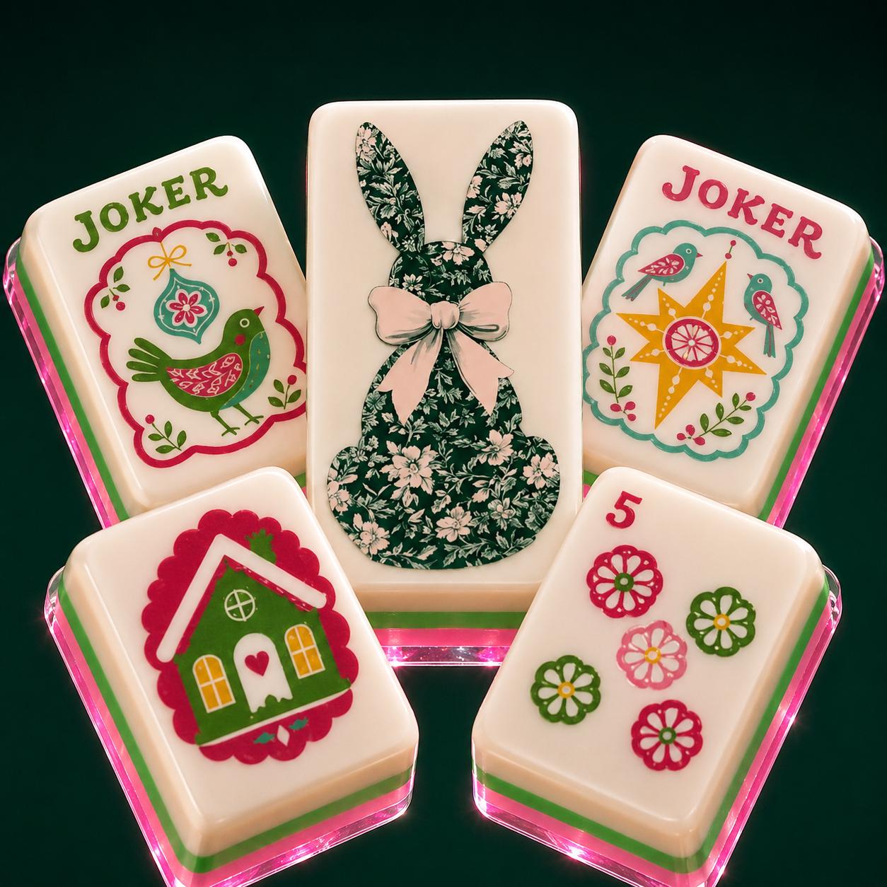 Floral Bunny Mahjong Tiles, Pink Green Rabbit Mahjong Set, Coquette Spring Mahjong Tiles, Cottagecore Mahjong Gift for H