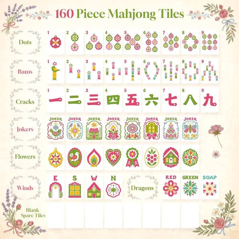 Retro Floral Mahjong Tiles, Mid Century Flower Mahjong Set, Pink Green Acrylic Game Tiles, Colorful Vintage Mahjong Love