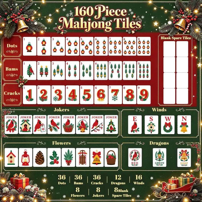 Christmas Angel Mahjong Tiles, 1.4" Cardinal Joker Mahjong Set, Red Holiday Mah Jongg Tiles, Vintage Christmas Mahjong G