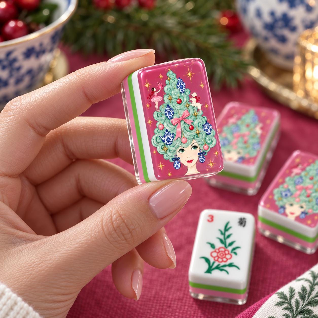 Pink Chinoiserie Christmas Mahjong Tiles, 4-Layered Holiday Mahjong Set, Ginger Jar Christmas Tree Tiles, Preppy America